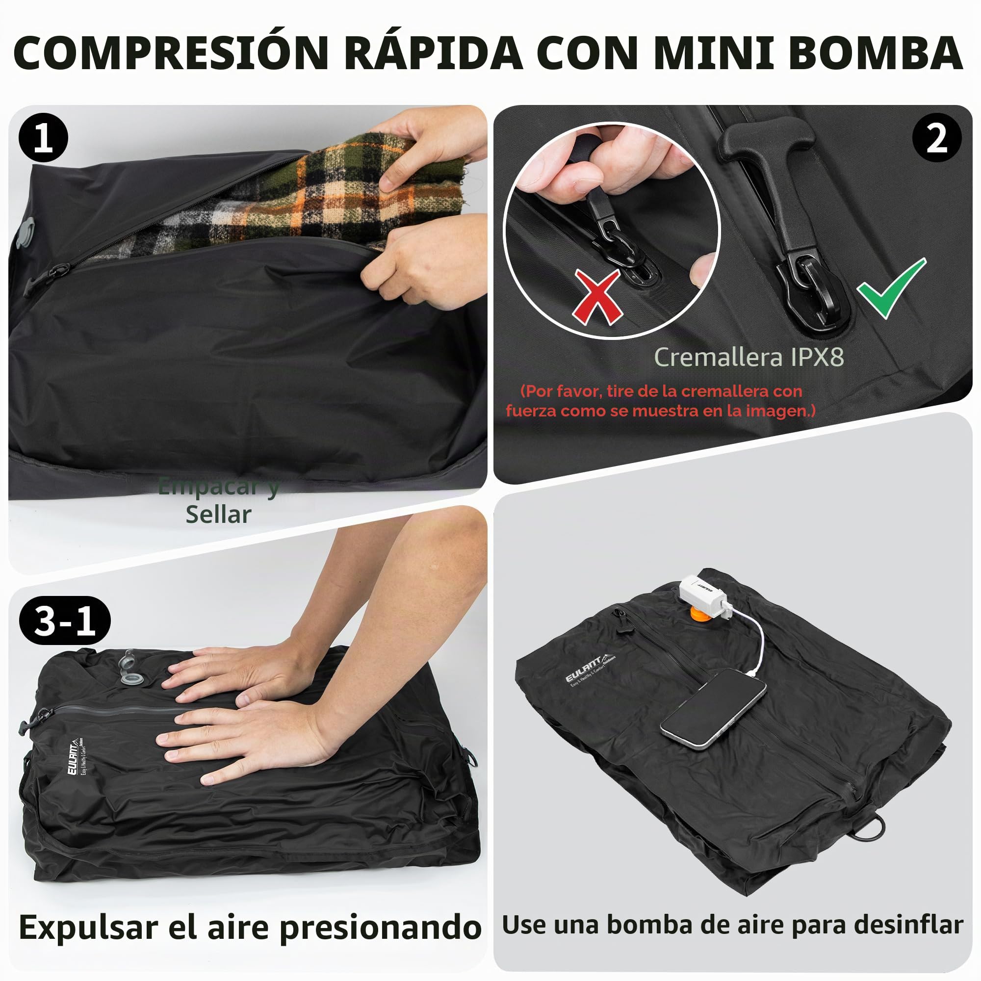 EULANT Bolsas de Vacío Profesionales para Viajes con Bomba, Bolsa de Compresión Reutilizable para Maletas/Mochila, Impermeable Bolsas de Vacio para Ropa con Cremallera Hermética IPX8
