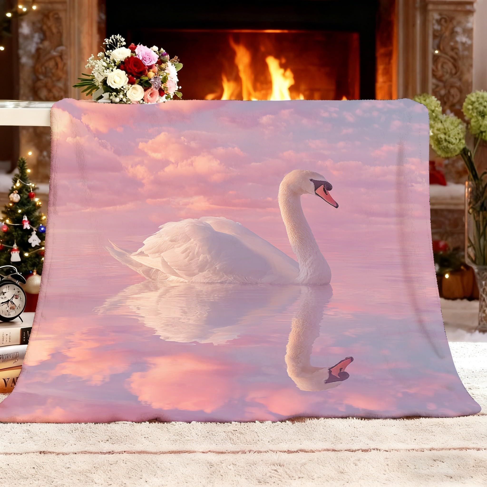 Couverture sherpa haut de gamme en flanelle épaisse 150x200 cm motif cygnes poétiques