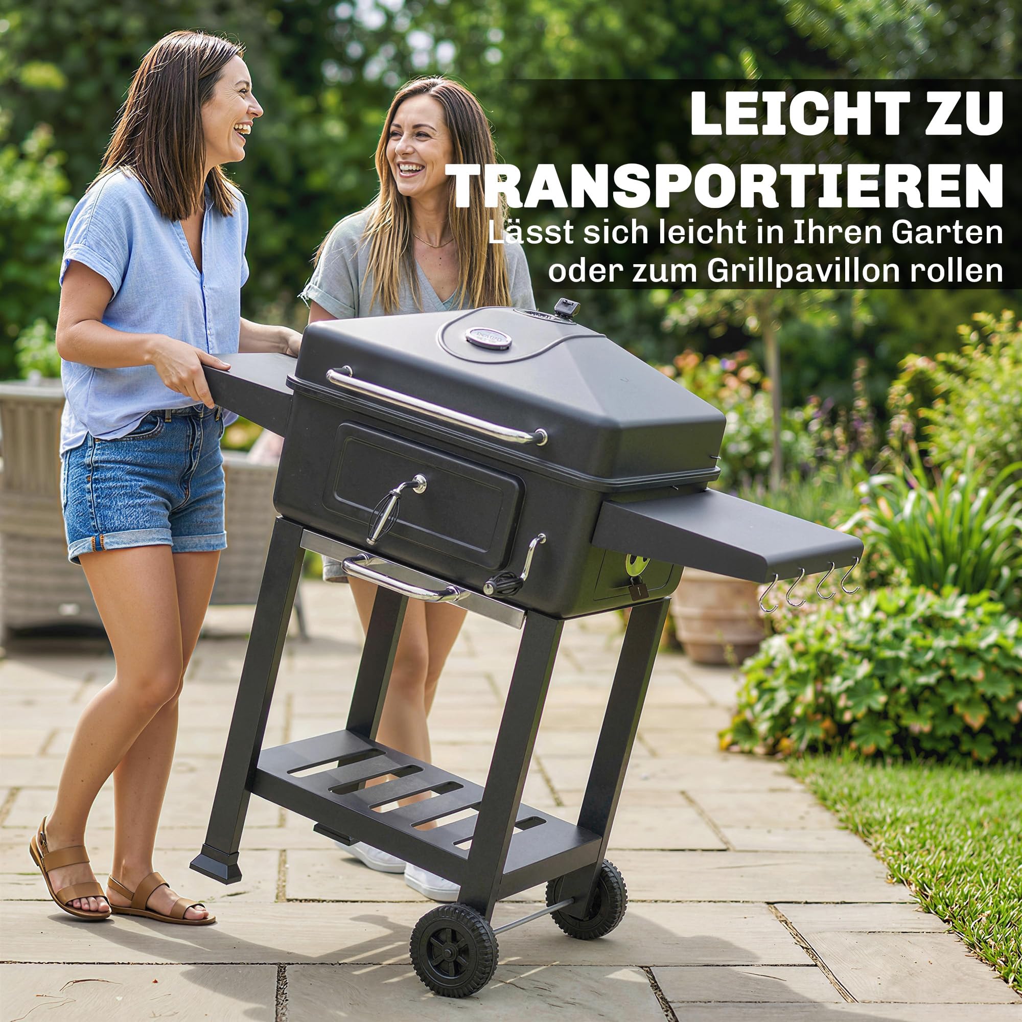 Outsunny Holzkohlegrill BBQ Smoker Deckel Thermometer Grillwagen Räder | Höhenverstellbar Kohlepfanne, Grillrost, Seitentisch, Aschefach, Lüftungsschlitzen, Kohlegrillwagen, Camping Garten