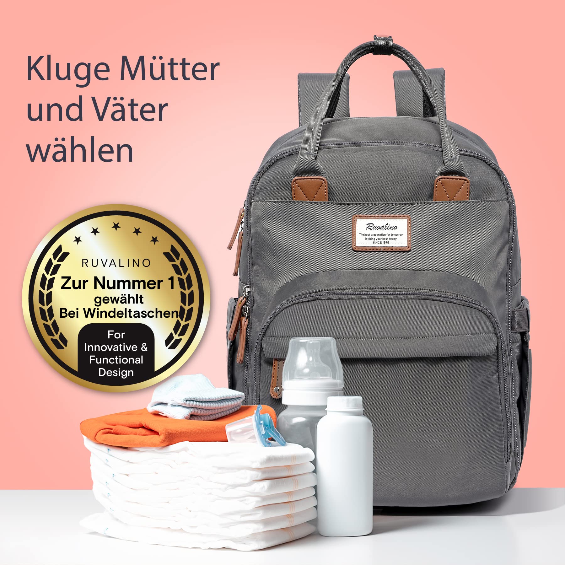 RUVALINO Baby Wickelrucksack, Multifunktional Wickeltasche Reise Rucksack Große Kapazität Babytasche mit Wickelunterlage, Wasserdicht Stoffe, Passform für Kinderwage