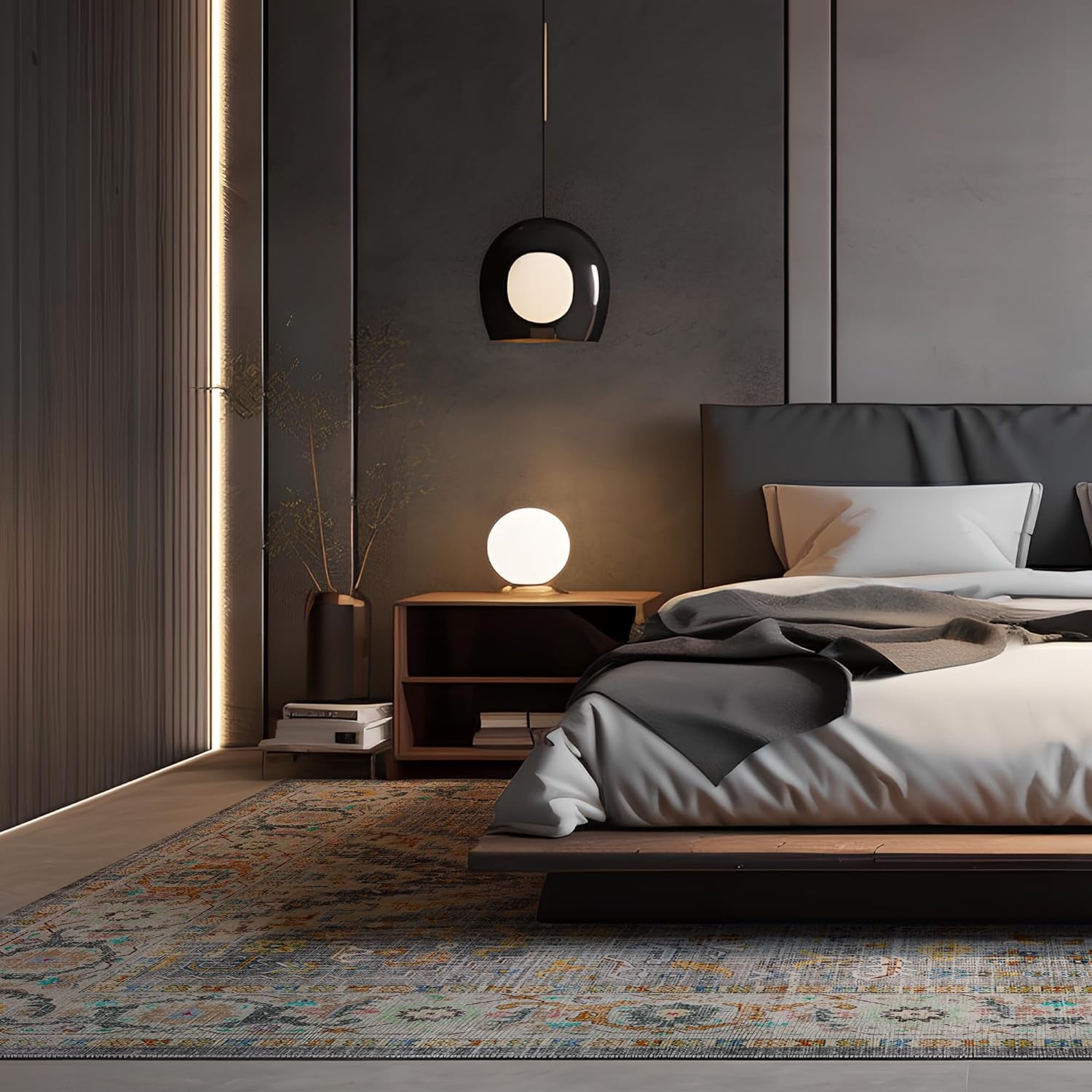 Boho Vintage Area Rug, 8x10 Washable Retro Bohemian Moroccan Accent Neutral Large Rugs, Ultra Thin Low Pile Lightweight Indoor Nonshedding Nonslip Floor Carpet for Living Room Bedroom Kidsroom Office