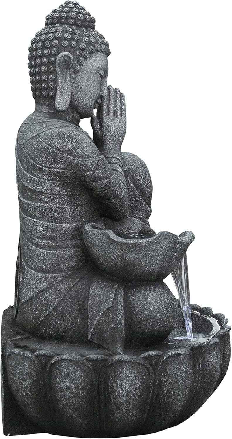 Hi-Line Gift Ltd. 32" H Sitting Buddha Fountain with White LED, Gray, Large