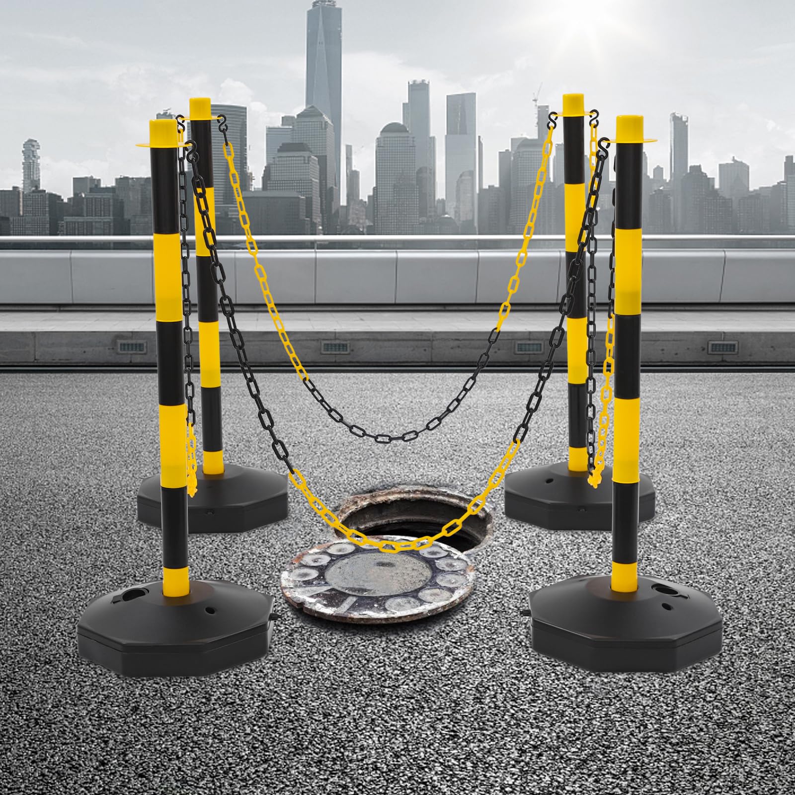 Juego de 4 postes de cadena de plástico para control de tráfico para bloqueos de carretera y seguridad, sistema de barrera ligero y portátil para señalización de estacionamiento
