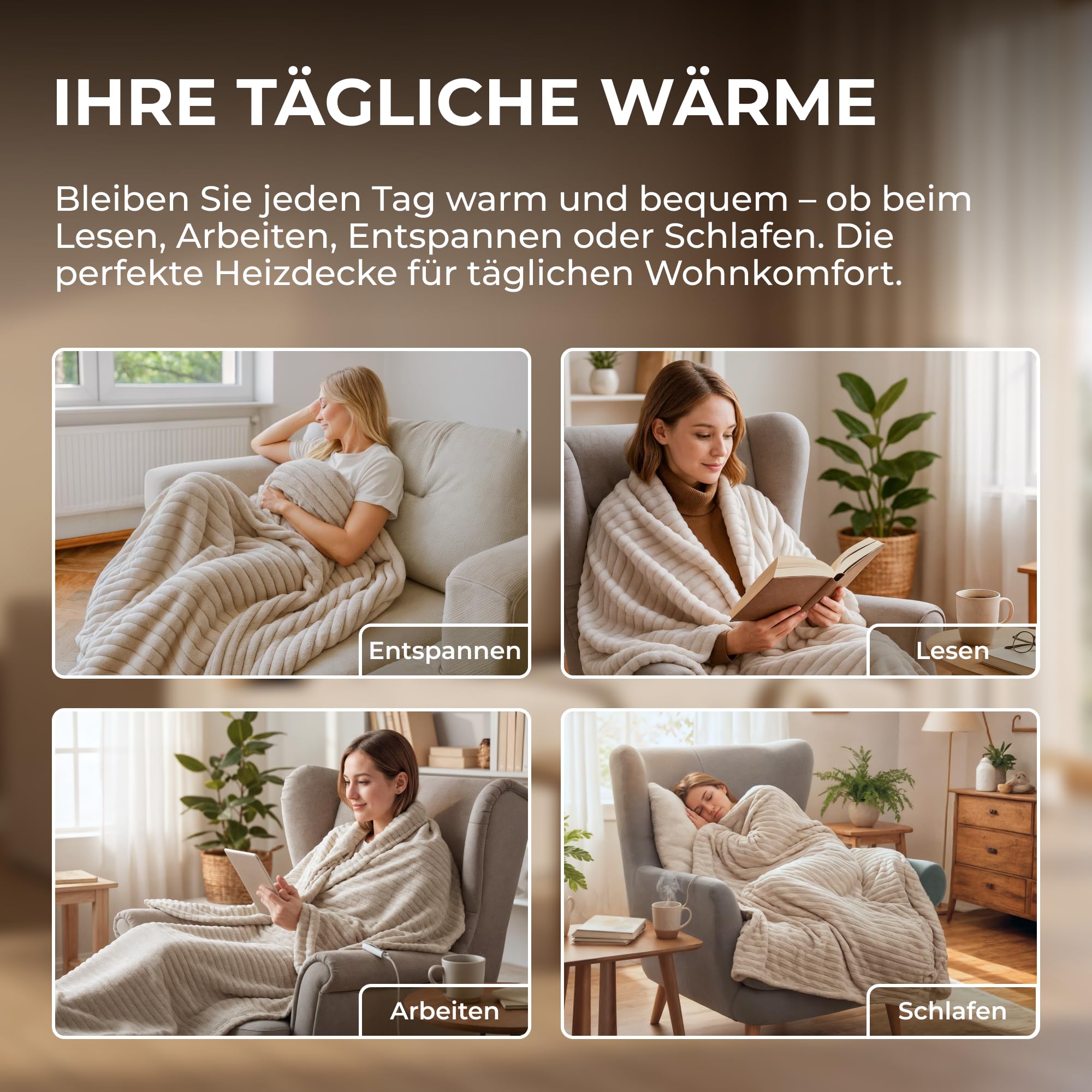 BR Bringer Infrarot Heizdecke - elektrische Kuscheldecke mit Abschaltautomatik & Überhitzungsschutz - 6 Heizstufen, Timer bis 10h, Kabel 2,45m, maschinenwaschbar, OEKO-TEX (200x180cm, Nordic Taupe)