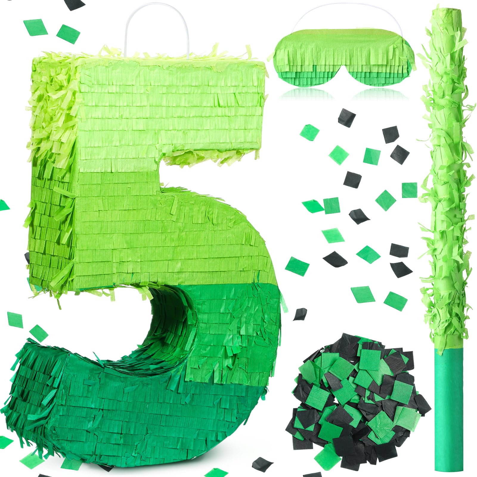 WinnerWhy Number 5 Piñata 16 Inch Green Birthday Piñata Stick Blindfold