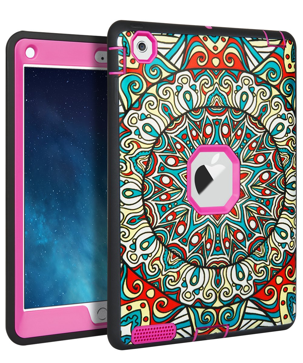 iPad 2/3/4 Case,XIQI ArmorBox Cartoon Pattern Three Layer Hard Rubber Protective Armor Defender Heavy Duty Shock-Absorption Full Body Rugged Hybrid Case for iPad 2/3/4 case,Peacock Feather Hot Pink