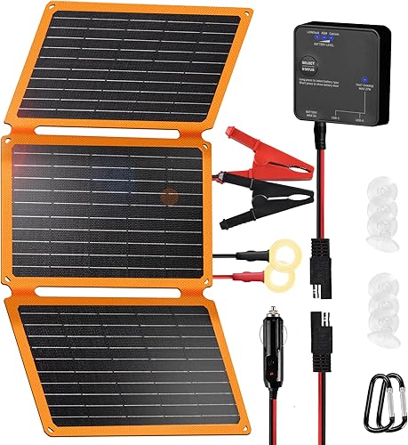 FieryRed Cargador y mantenedor de batería de coche con panel solar de 30 W y 12 V, cargador portátil impermeable con controlador integrado, enchufe