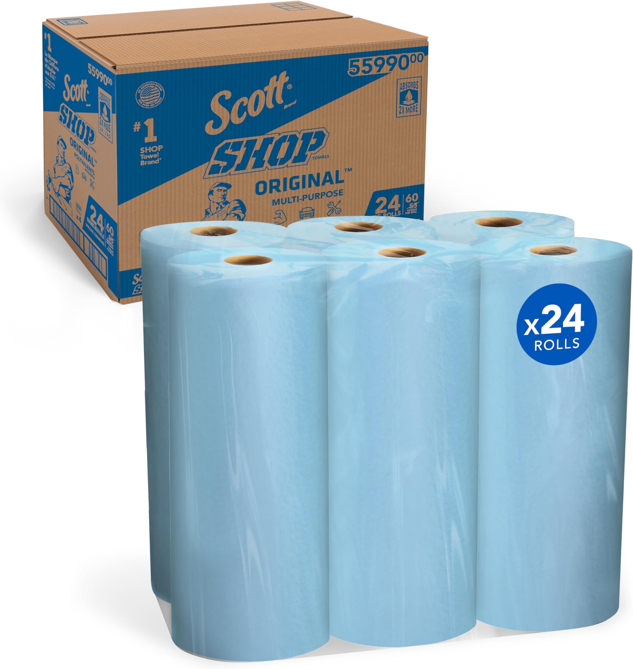 SCOTT SHOP ORIGINAL Towels (55990), Blue Towels, Big Rolls, 4 Packs of 6 Rolls, 11"x9.4" sheets, (60 Towels/Roll, 24 Rolls/Case, 1,440 Towels/Case)