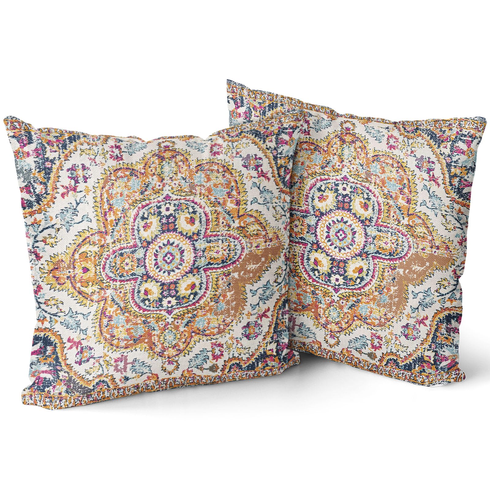 OrangeTeal Pink Vintage Bohemian Pillow Covers 24x24 Inch Cream Ethnic Boho Flower Rug Print Carpet Pillow Cases Set of 2 Antique Tapestry Rustic Retro Throw Pillows For Cushion Sofa Couch Outdoor