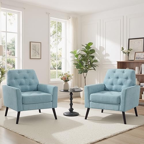 Miniatura 10 de Silla decorativa para sala de estar, silla de lectura moderna de mediados de siglo, sillón tapizado con respaldo copetudo y patas de madera, sofá PU