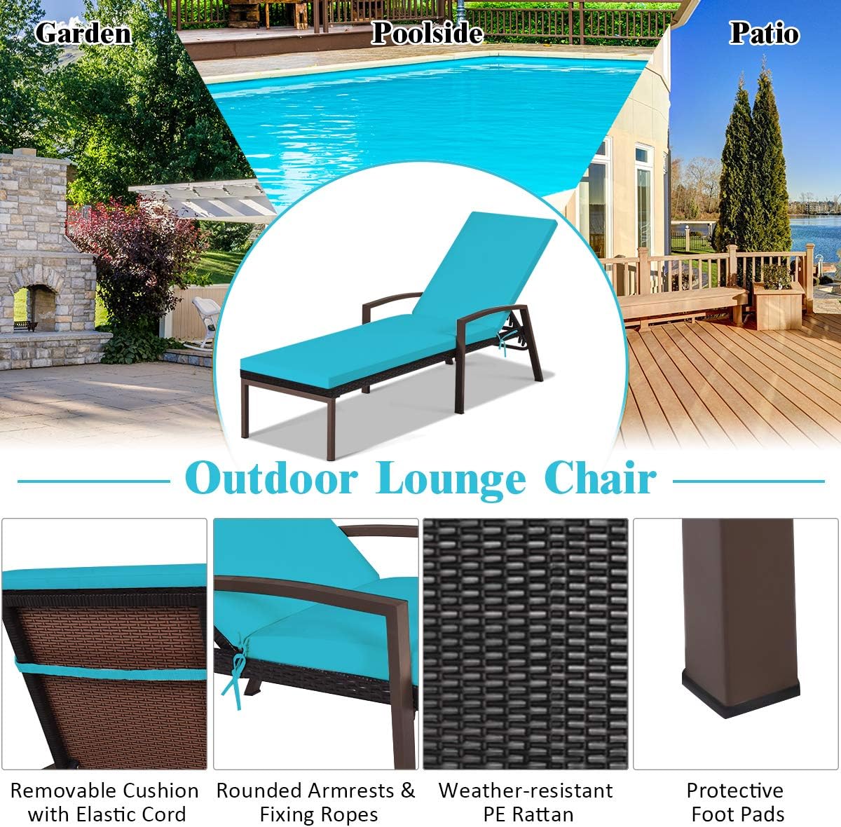 Tangkula Patio Rattan Lounge Chair, Outdoor Reclining Chaise with Cushion and Armrest, Wicker Sun Lounger with Adjustable Backrest for Garden, Balcony, Poolside (1, Turquoise)