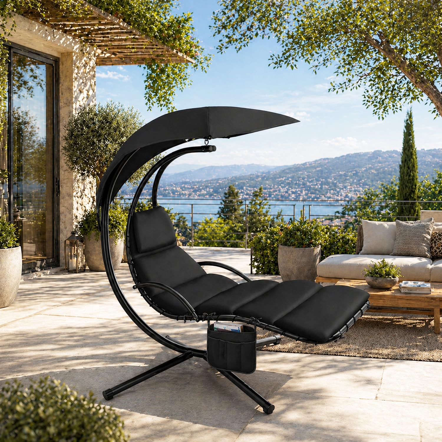 Sdraio Sospesa Con Ombrellone Parasole Integrato E Cuscino Imbottito Ergonomica Amaca Da Giardino In Acciaio E Poliestere Per Esterno Terrazzo E Bordo Piscina 195 x 132 x 197 Cm Nero
