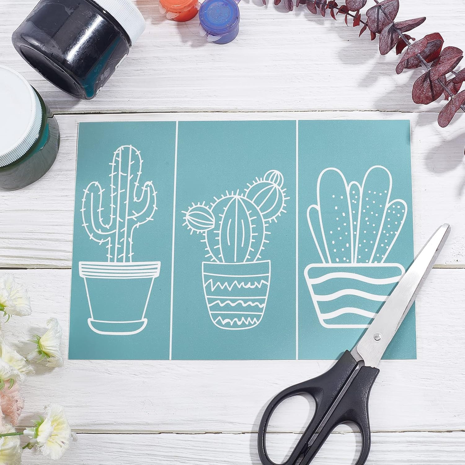 OLYCRAFT 7.7x5.5 Inch Cactus Self-Adhesive Silk Screen Printing Stencil Cactus Potted Reusable Pattern Stencils for Painting on Wood Fabric T-Shirt Wall and Home Decorations