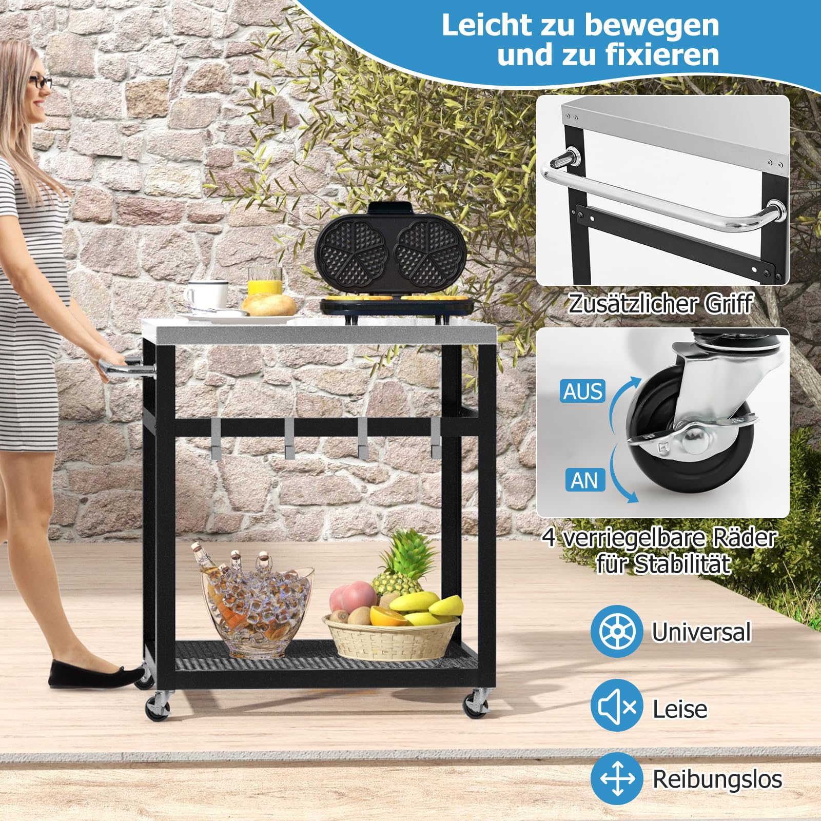 COSTWAY Grillwagen Outdoor, Grilltisch mit 2 Ablagen & 4 Rädern & Griff & 4 Haken, Pizzatisch Servierwagen für Garten Terrasse