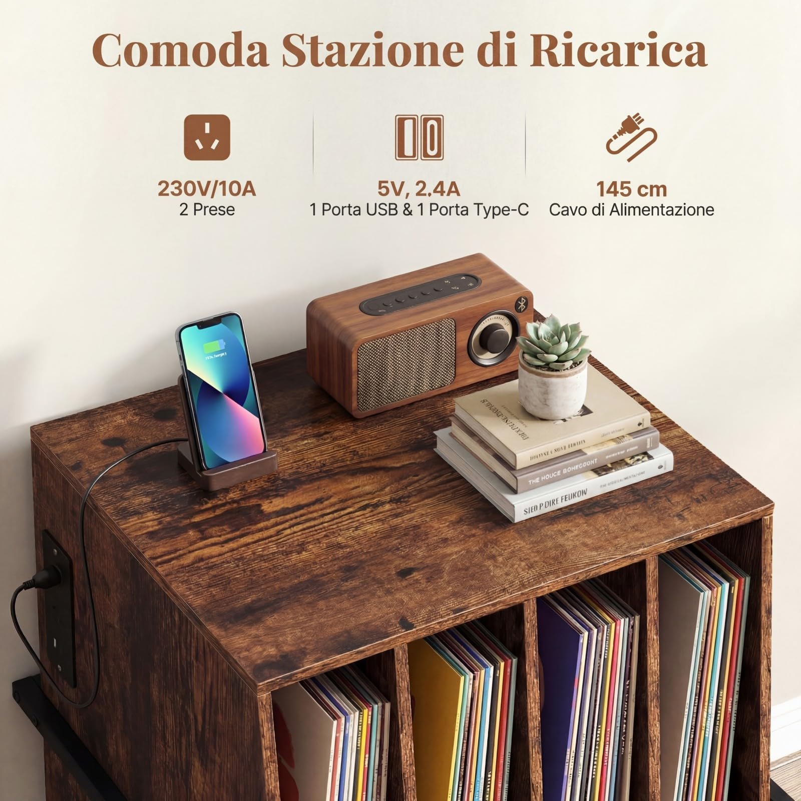 COSTWAY Supporto per Giradischi, Mobile Porta Giradischi con 4 Scomparti e Ripiani Aperti, Scaffale per Dischi in Legno con Ruote e Piedini Regolabili (Marrone Rustico, Con Presa di Corrente)