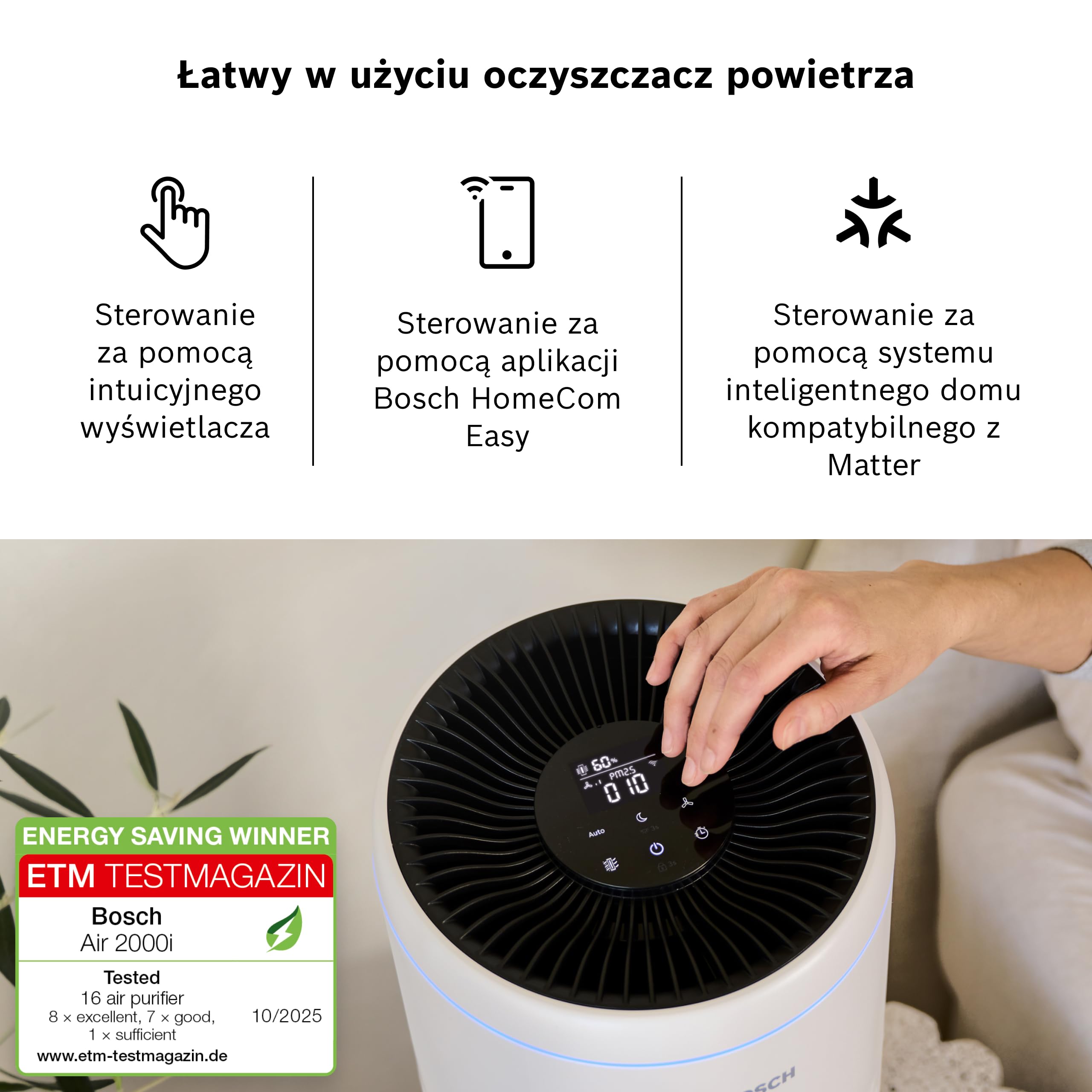 Bosch Air 2000i, oczyszczacz powietrza z aplikacją, do 37,5 m² | Z filtrem powietrza 3 w 1, czujnikiem inteligentnym, trybem automatycznym, trybem cichym (< 25 dB(A)), CADR: 180 m³/h