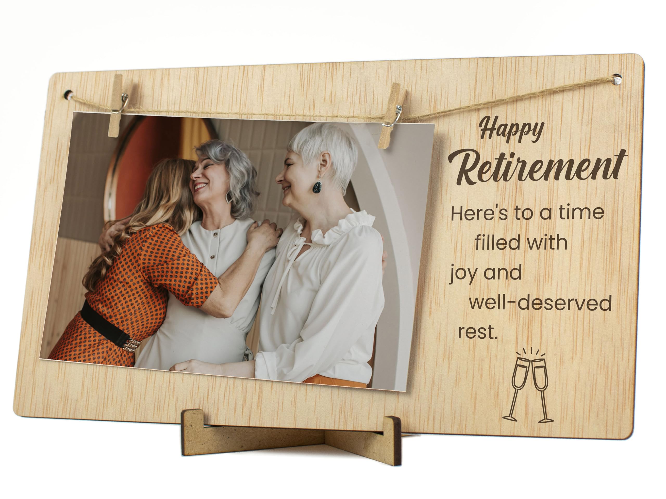 CONTRAXT Photo Frame with Wooden Clips. Original Gift to wish a Happy Retirement Card to Man Woman Retiring Photo Holder with Clips 10x15