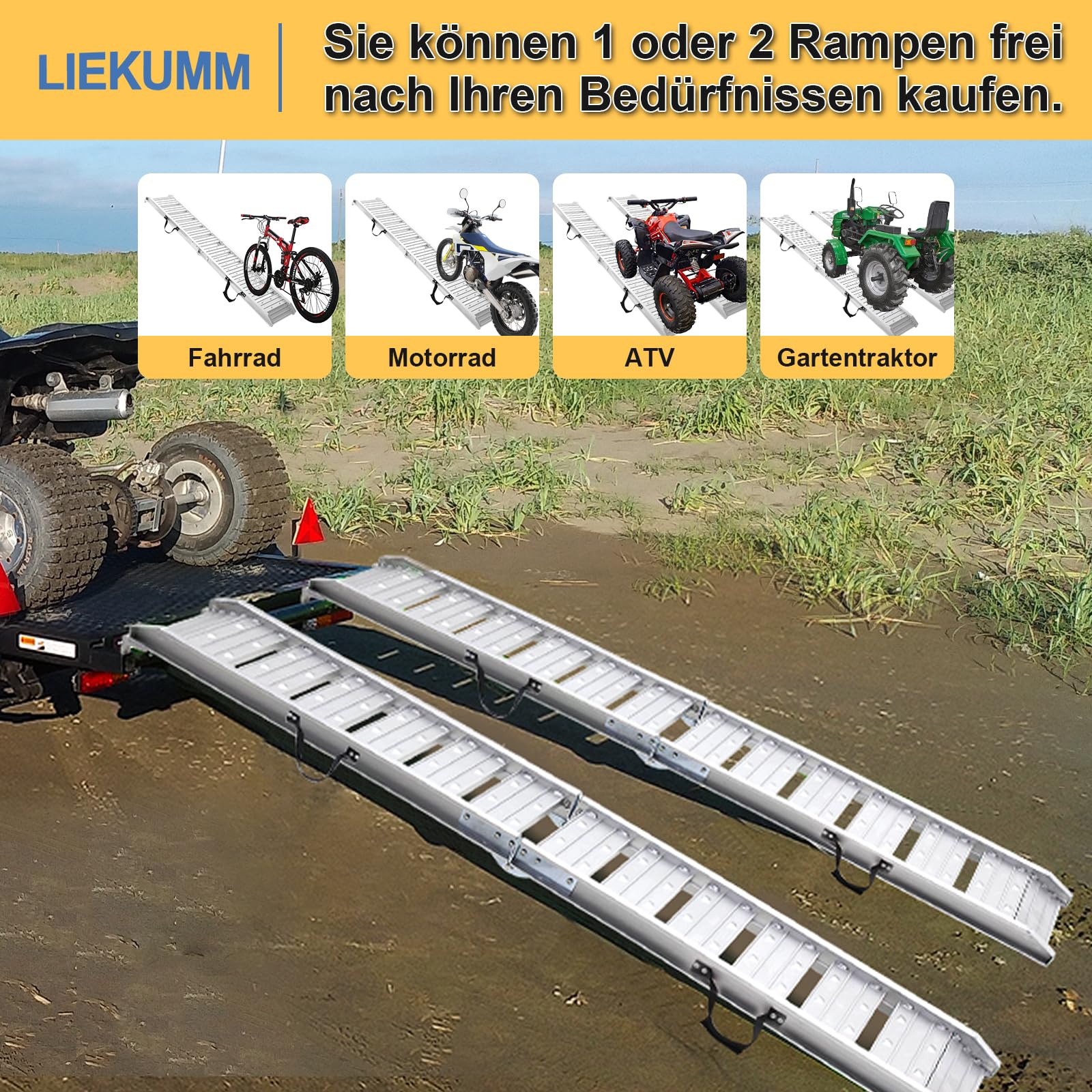 LIEKUMM Rampa de Carga de Aluminio de 180 cm, Capacidad de 250 kg, Rampas de Motocicleta para ATV Camión Scooter Quad Cortacésped y Bicicleta Fordirt, Plegable, 1 Pieza, Plateado
