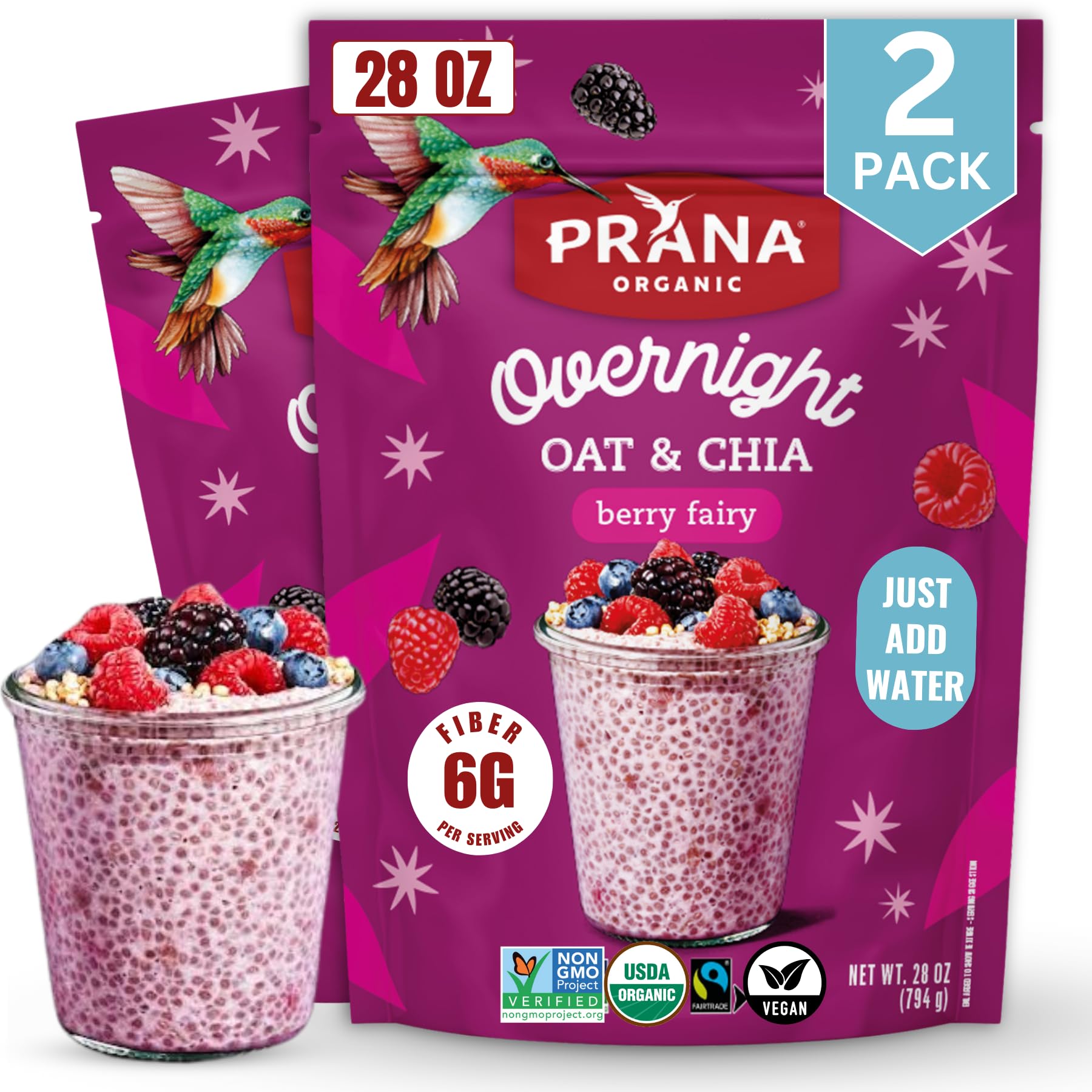 PranaOrganic Overnight Chia with Oats Berry Fairy | Rich in Fiber & Protein, Vegan, Non-GMO | Ready to Eat Breakfast - 28 oz Bags - 2 Pack