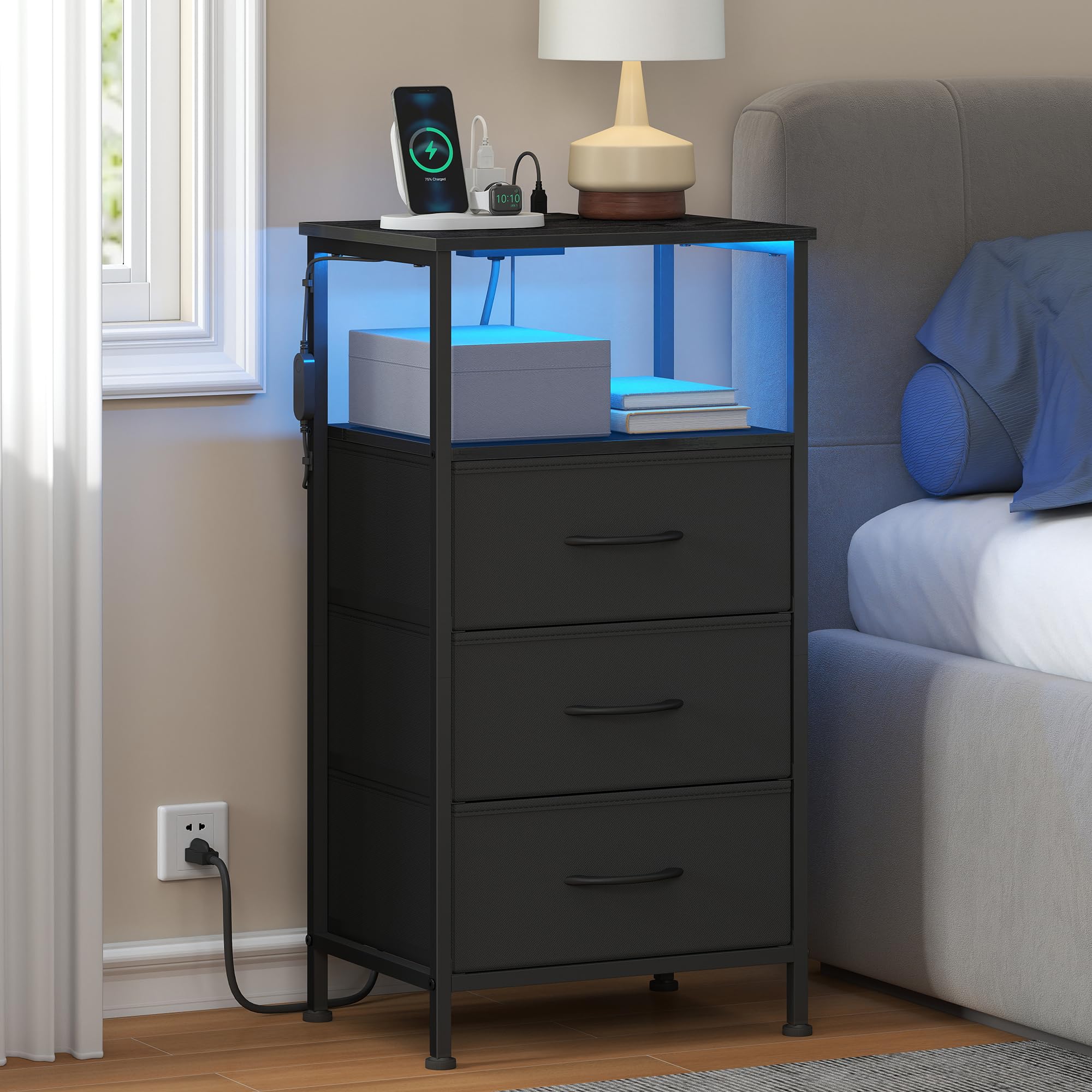 SONGMICS Nightstand with Charging Station, 3 Fabric Drawers