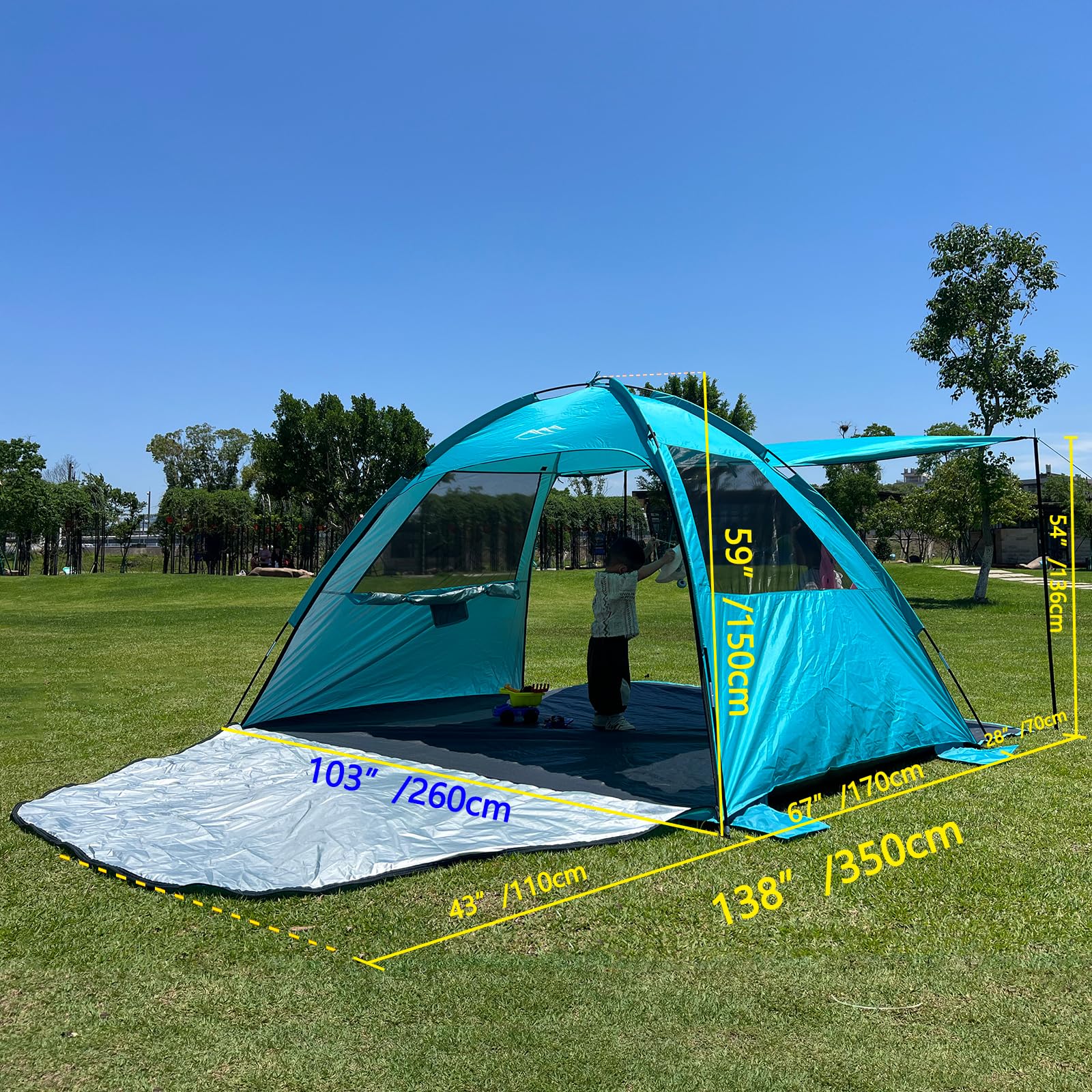 DLUCKY Namiot plażowy dla 2/3-4/5 osób, przenośny schronienie przed promieniowaniem UV UPF 50+, obustronnie wysuwana podłoga, wysuwana markiza, z 2 oknami z siatki wentylacyjnej, lekki i łatwy montaż,
