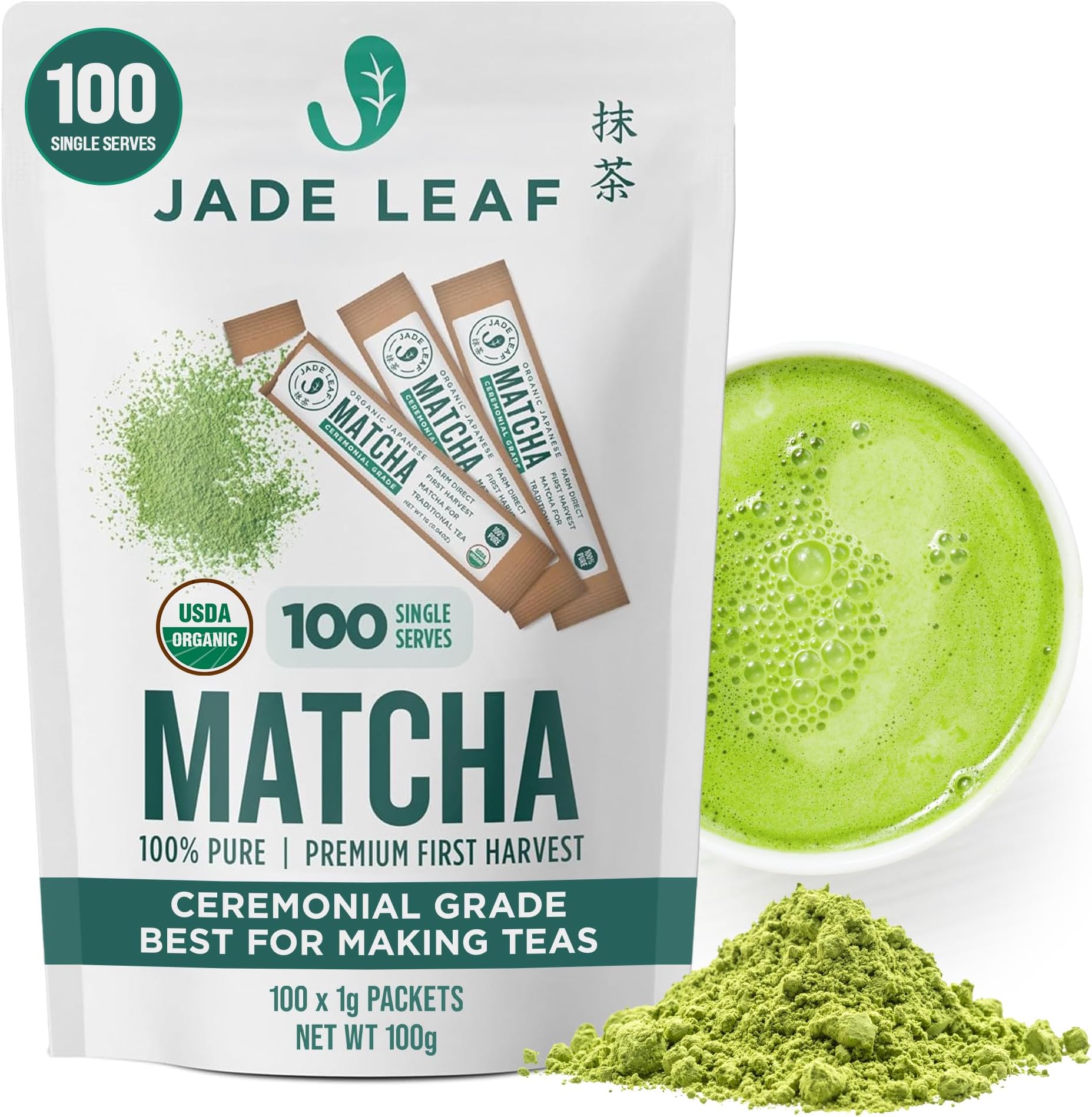 Organic Ceremonial Grade Green Tea Powder - Farm Direct First Harvest - Single Serve Stick Packs - Authentic Japanese Origin (100 Count Single Serve Stick Pack Box)