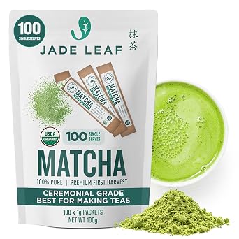Jade Leaf Matcha Organic Ceremonial Grade Matcha Green Tea Powder On The Go Packets - For Lattes, Smoothies, Usucha, 100 Count (0.04 Ounce Packets)