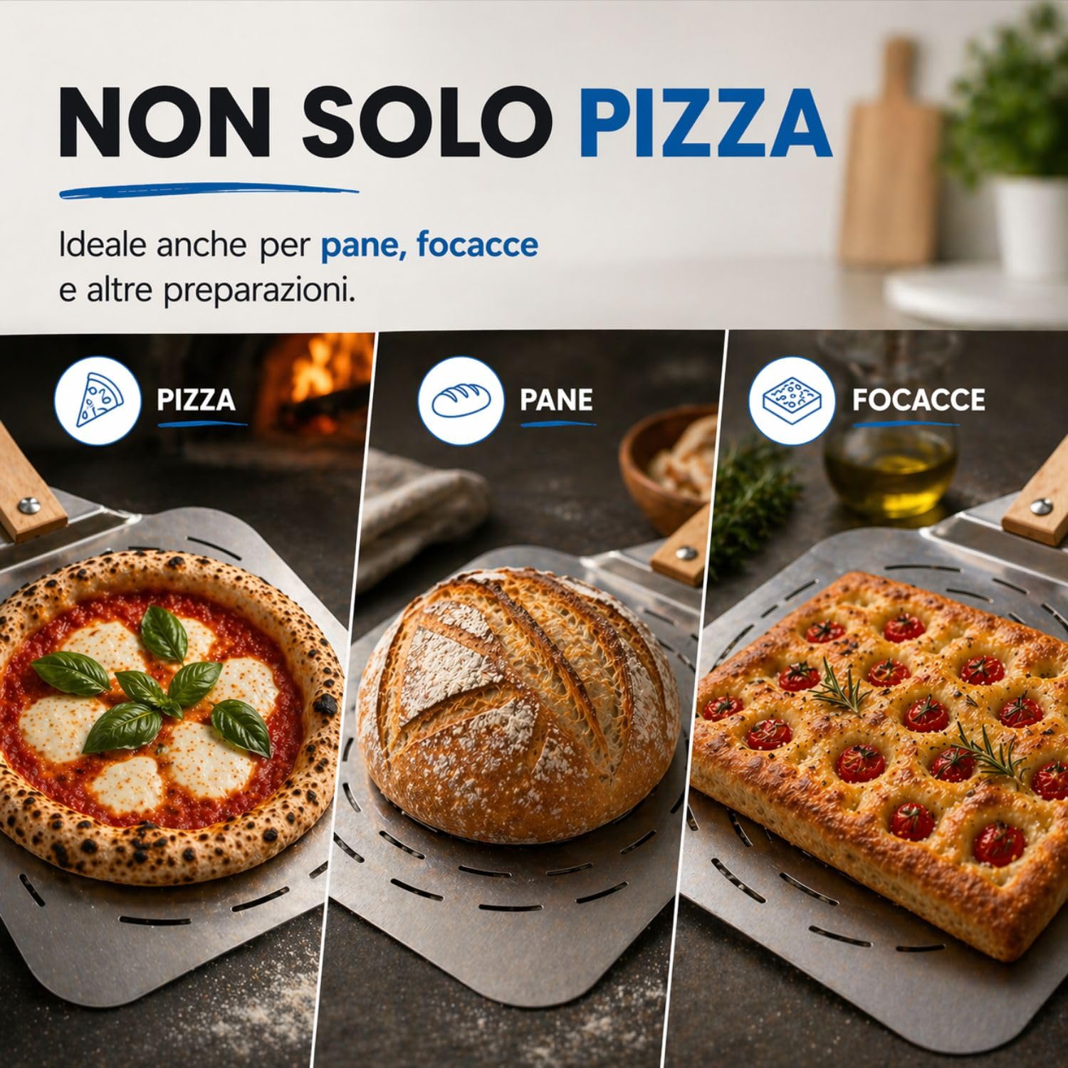 INOXLM Pala per pizza forata in acciaio inox manico pieghevole in faggio 33,5x30,5 cm, Pala per pizza corta, leggera e salvaspazio, ideale per forno domestico - Made in Italy
