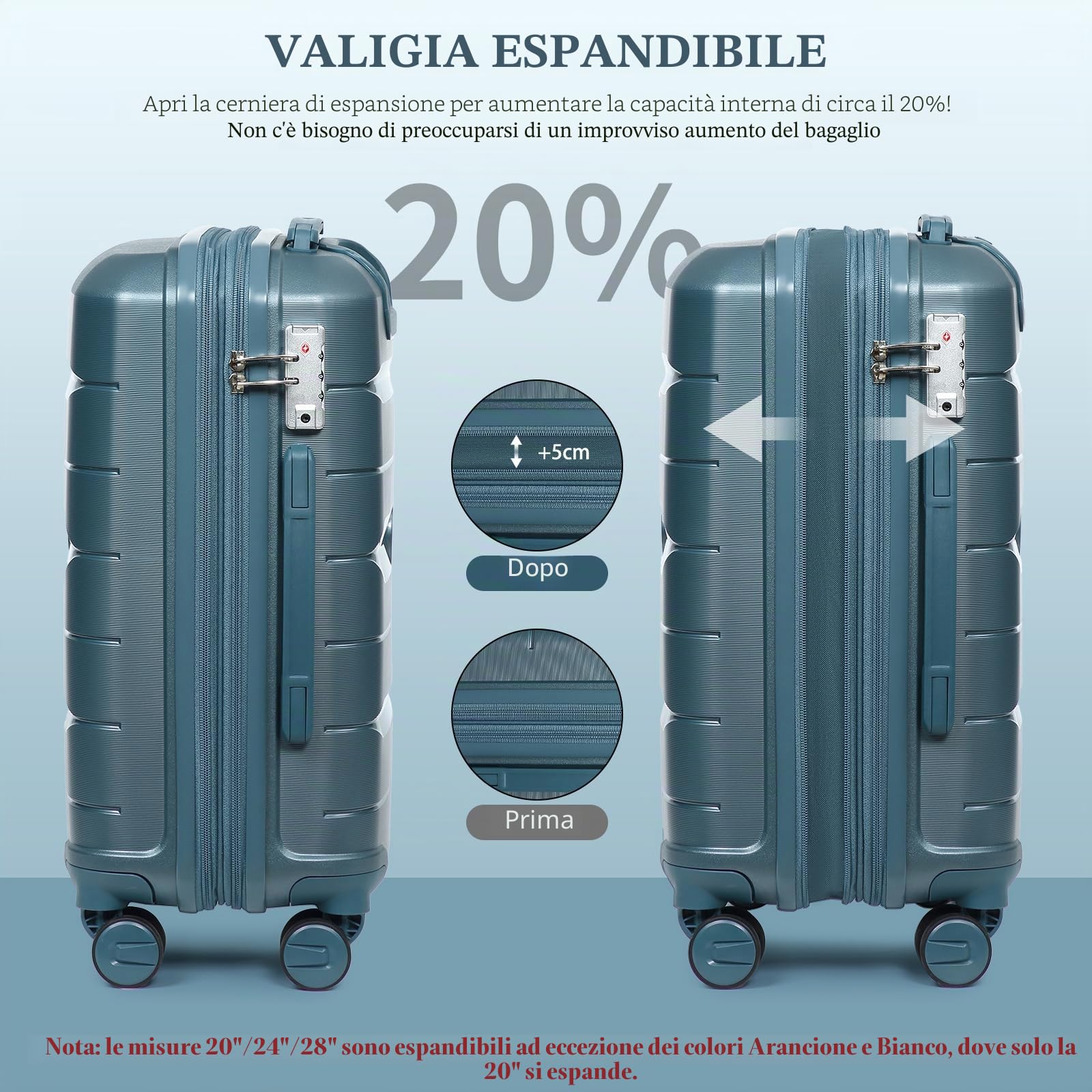 Sea choice Set di Valigie Rigide 4 Pezzi PP Espandibili Grande Trolleyset | Beauty Case,Ultra Leggera Set Trolley da Viaggio,Chiusura TSA,4 Doppie Ruote,100% Polipropilene,Piccola + Media + Grande