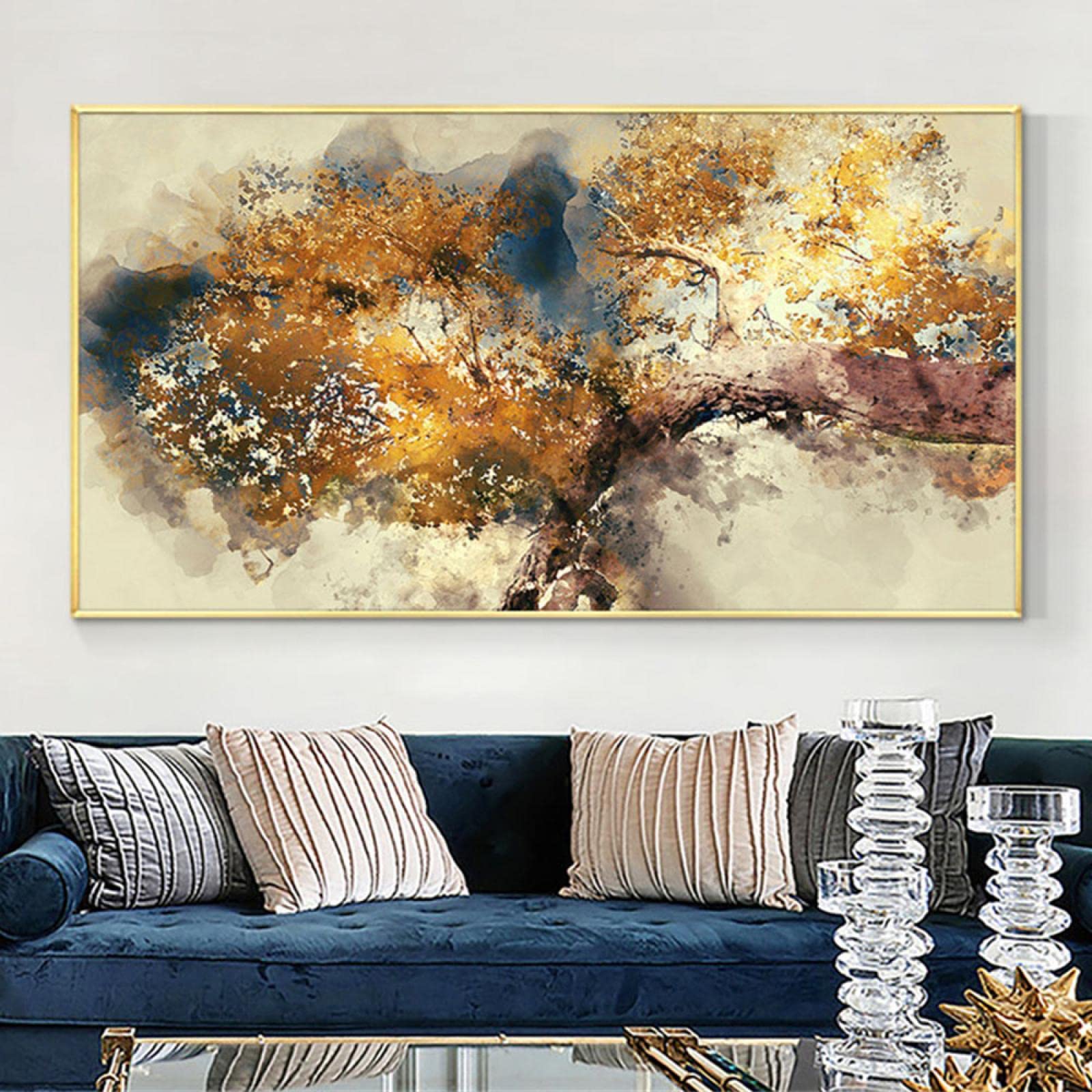 HOLEILUCK Großes abstraktes Ölgemälde auf Leinwand, goldbraun, Ast, 80 x 165 cm, mit Rahmen