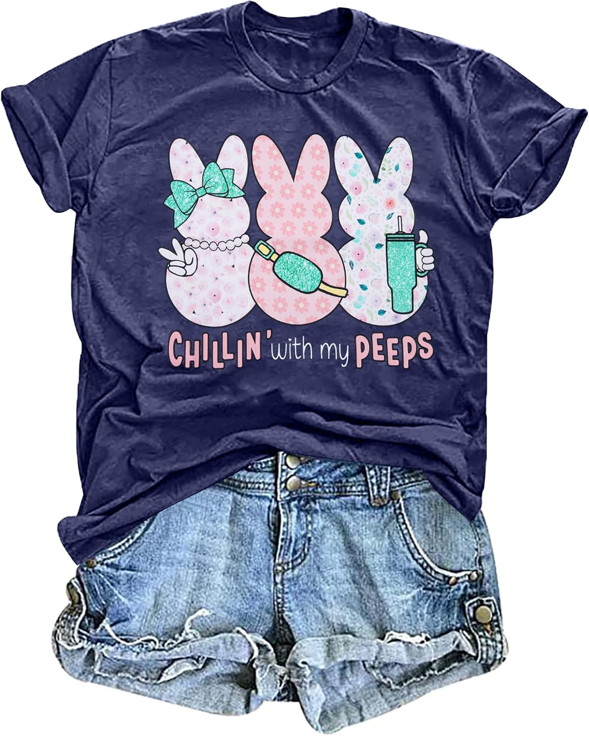 Women Chillin'with My Peeps Shirt Easter Shirt Funny Bunny T-Shirt Cute Rabbit Tee Tops Easter Day Gift - Image 4