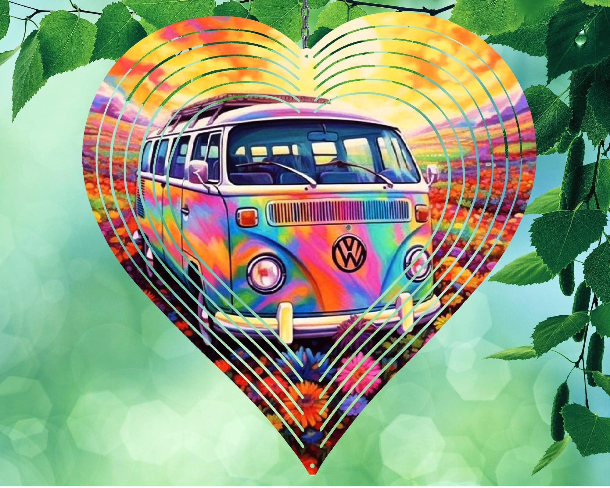 10 Inch VW Bus Hippie Flowers Heart Shaped Wind Spinner Yard Decor Aluminum Sublimated Garden Art Indoor Outdoor 3D Kinetic