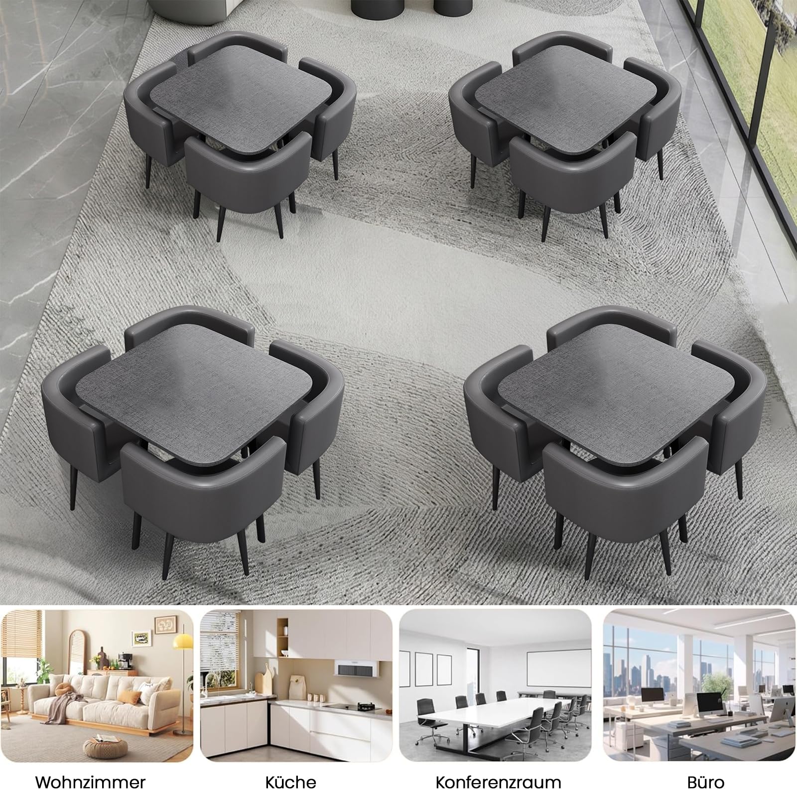 Essgruppe 5-Teilig, 80cm Quadratischer Esstisch und 4 Esszimmerstühle, Küchentisch aus MDF und Gepolsterter Stuhl für Küche, Wohnzimmer, Balkon, Restaurant, Büro, Quadratisch + Grau