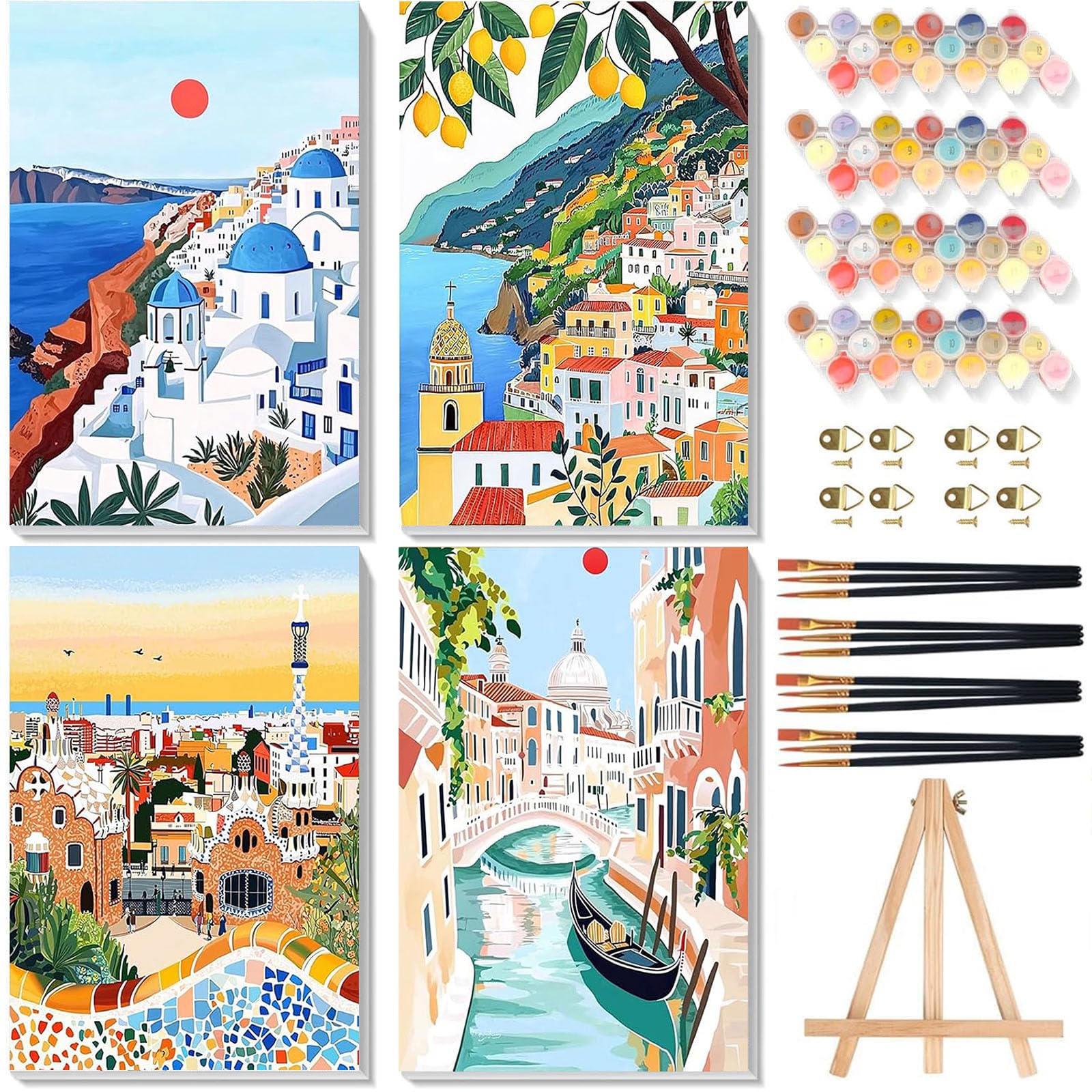 Pujeknm 4 Pack Paint by Numbers for Adults with Framed Canvas & Wooden Easel, Cityscape Painting by Number Kit Adult on Canvas, Landscape Acrylic Oil Painting with Brush for Home Wall Decor 8x12 inch