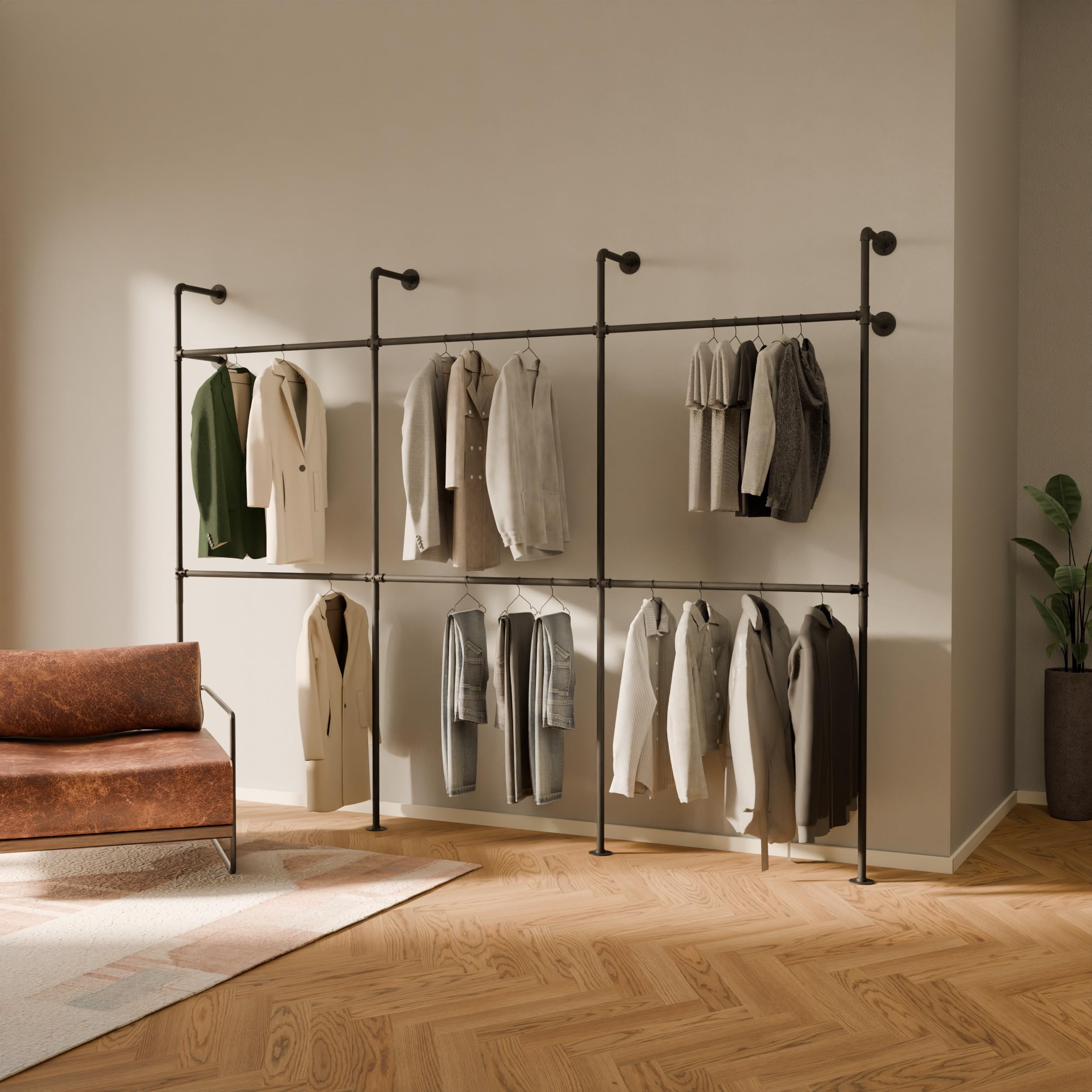 pamo Portant Vêtement Mural Industriel Noir 296x222 cm – Capacité 460 kg | Penderie Murale Métal Style Tuyau – Dressing Ouvert Robuste – Pour Chambre, Entrée ou Boutique
