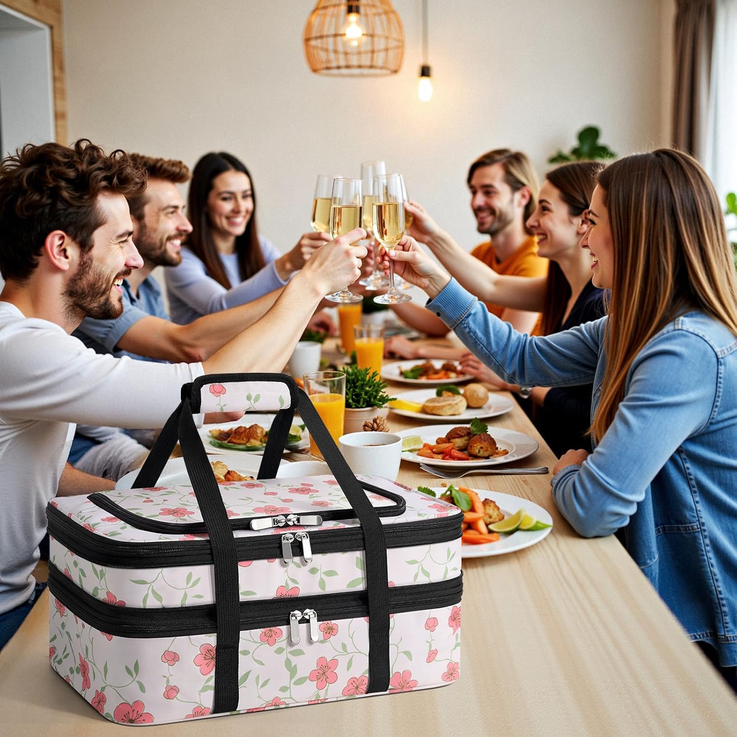 Insulated Double Casserole Carrier - Portable Casserole Carriers for Hot or Cold Food Lunch Tote Warmer or Cooler Bag for Potluck Parties Picnic Cookouts, Fits 9" x 13" Baking Dish - Flower