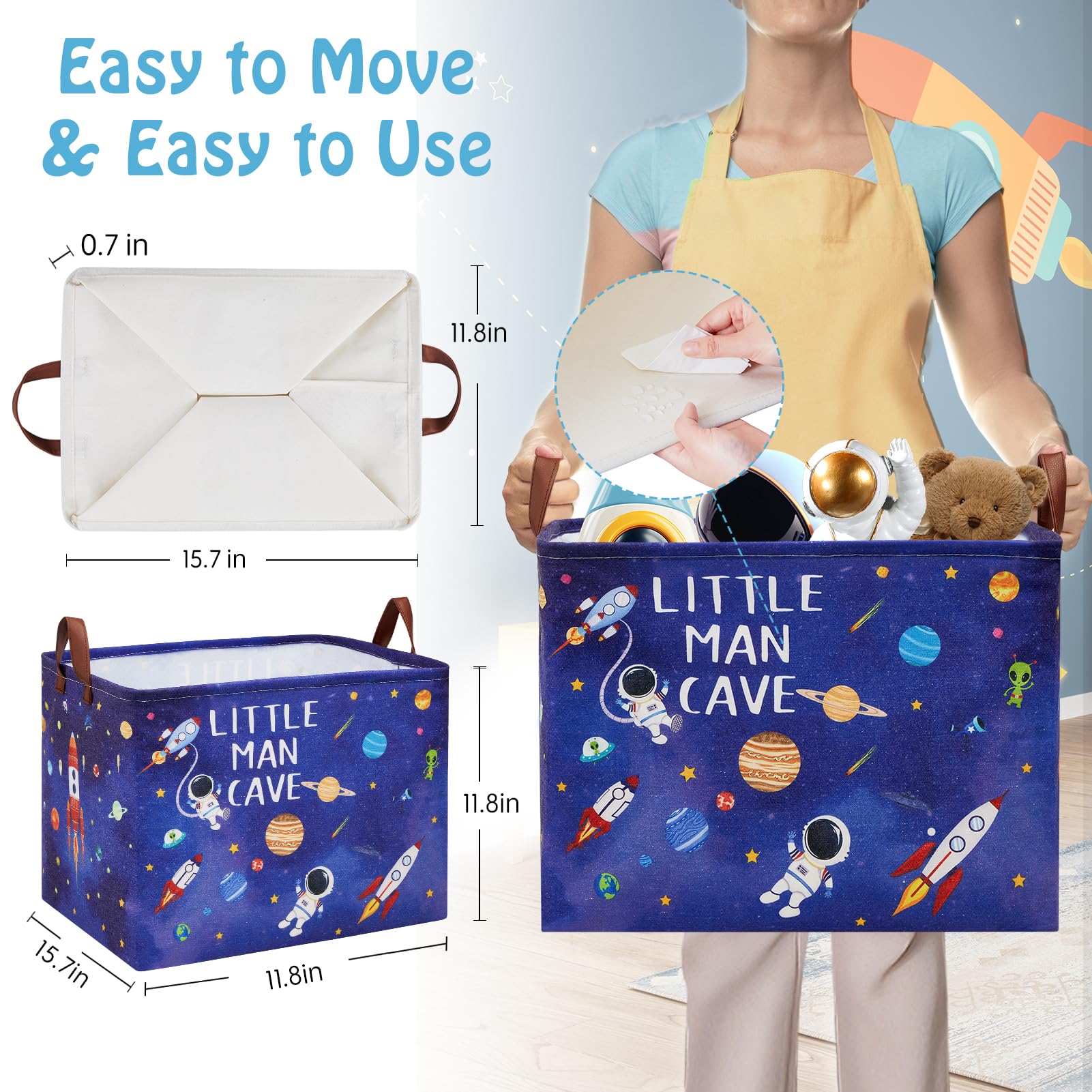 Cesta de lavandería con cohetes de astronauta, cesta de almacenamiento espacial con citas inspiradoras, caja de juguetes para decoración de habitación de niños, caja de juguetes rectangular para 3