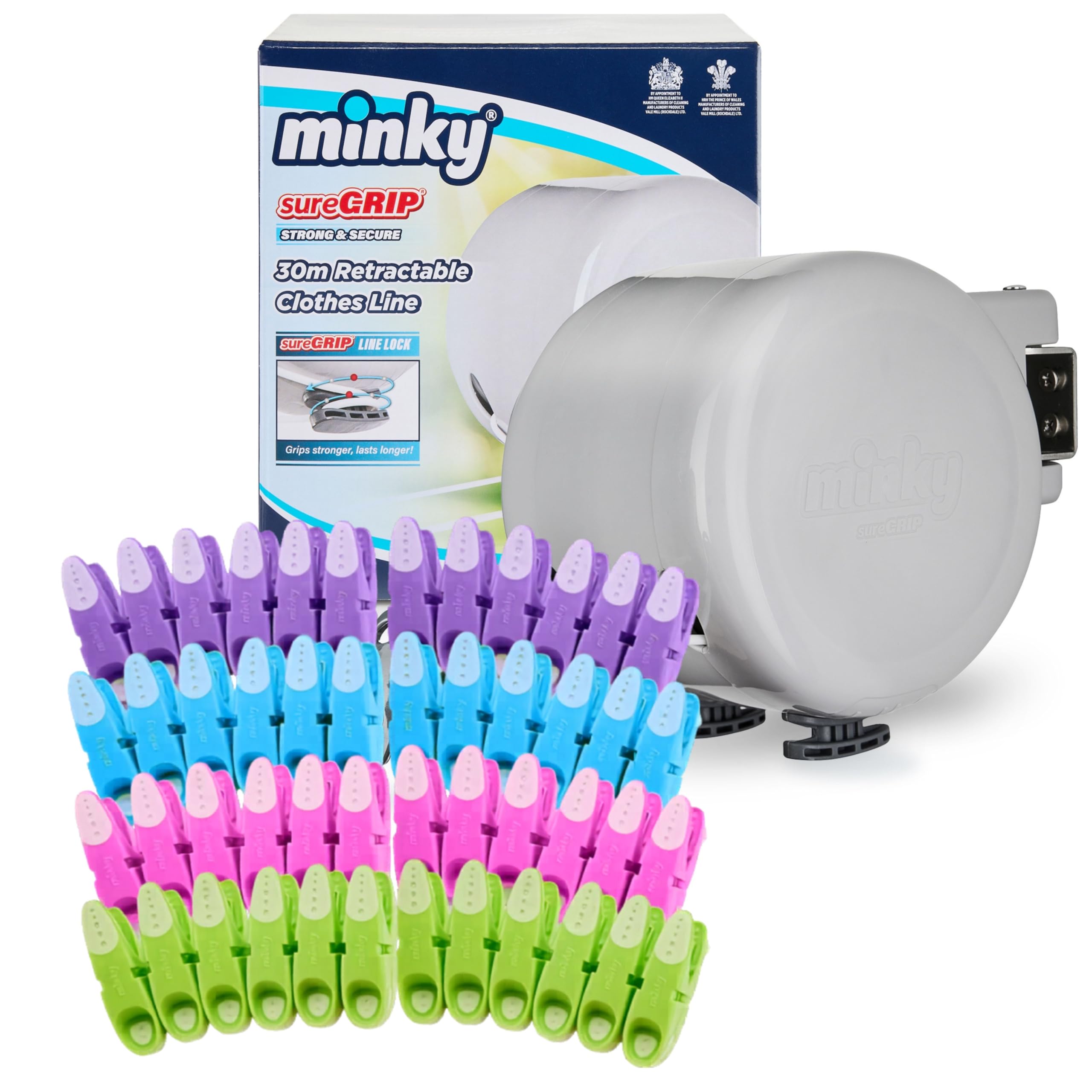 Minky Grey Suregrip 30M Retractable Washing Line + 48 Suregrip Pegs, Wall Mounted Outdoor Extendable Clothes Double Line, Strong & Durable Weatherproof Peg
