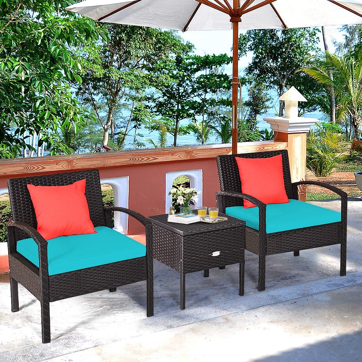 Outdoor Conversation Set 3 Pieces Patio Furniture, Outdoor Bistro Set Wicker Patio Chair with Water-Resistant Cushion & Storage Table for Backyard, Balcony, Porch (Turquoise)