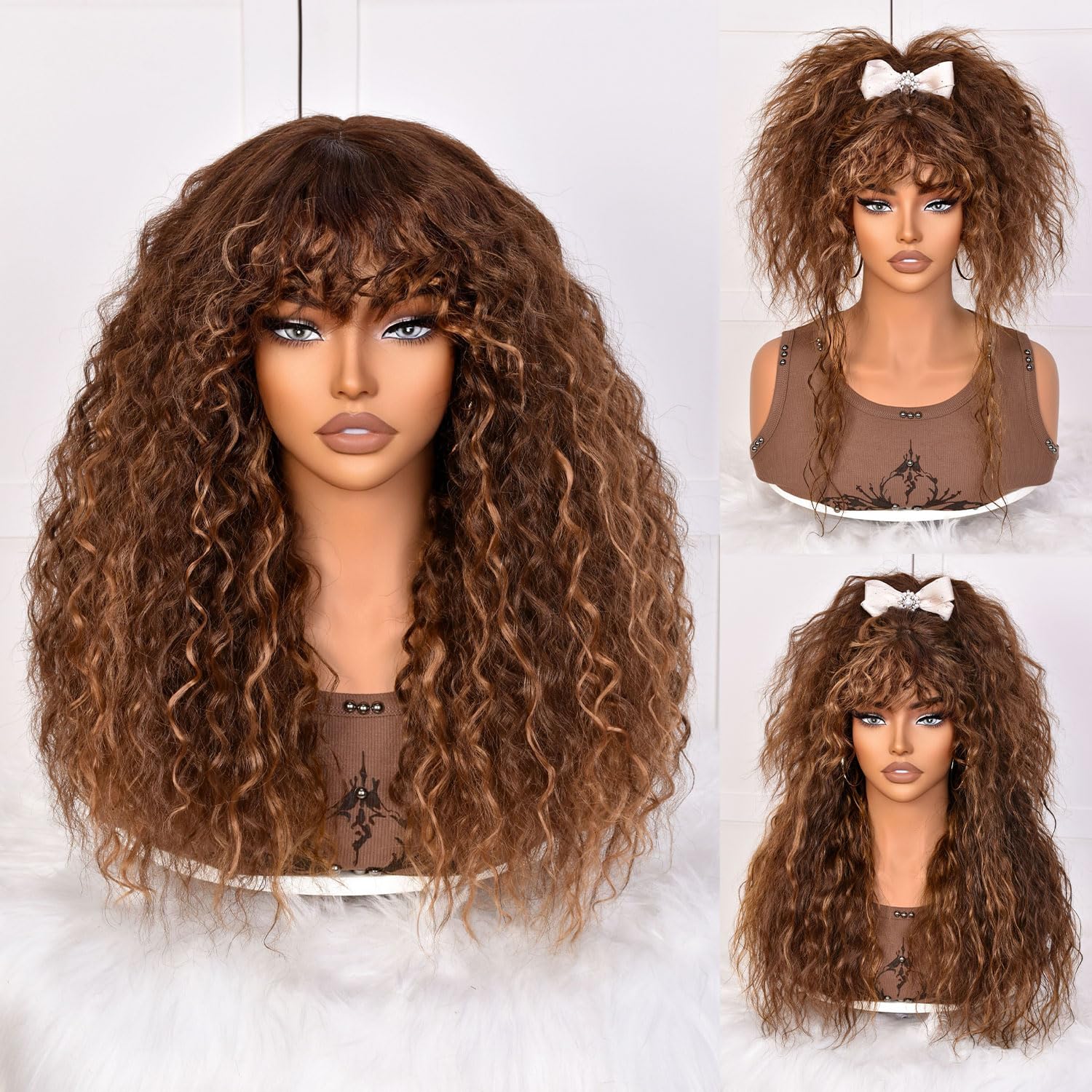 SOFUN Brown Highlight Curly Wig With Bangs for Black Women Long Curly Human Hair Glueless Wig for Daily,Realistic Look with True Scalp