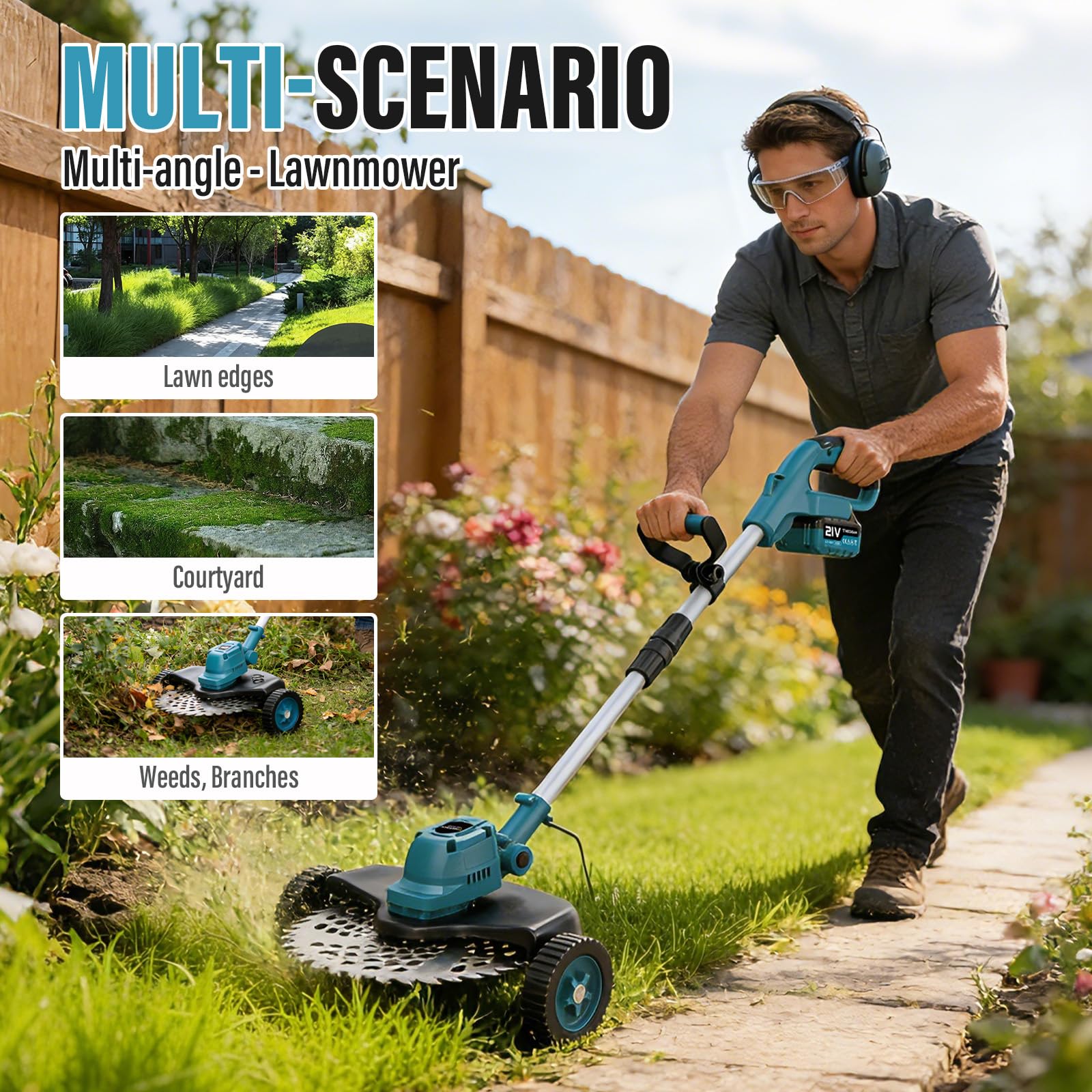 Rasentrimmer für Makita Akku, Upgrade 4 in 1 Freischneider Akku mit 2 * 4.0Ah und 4 Arten Klingen, Bürstenloser Motor, mit Seitlichen RäDern füR Einfaches Trimmen Der Kanten. (Bleu Clair)
