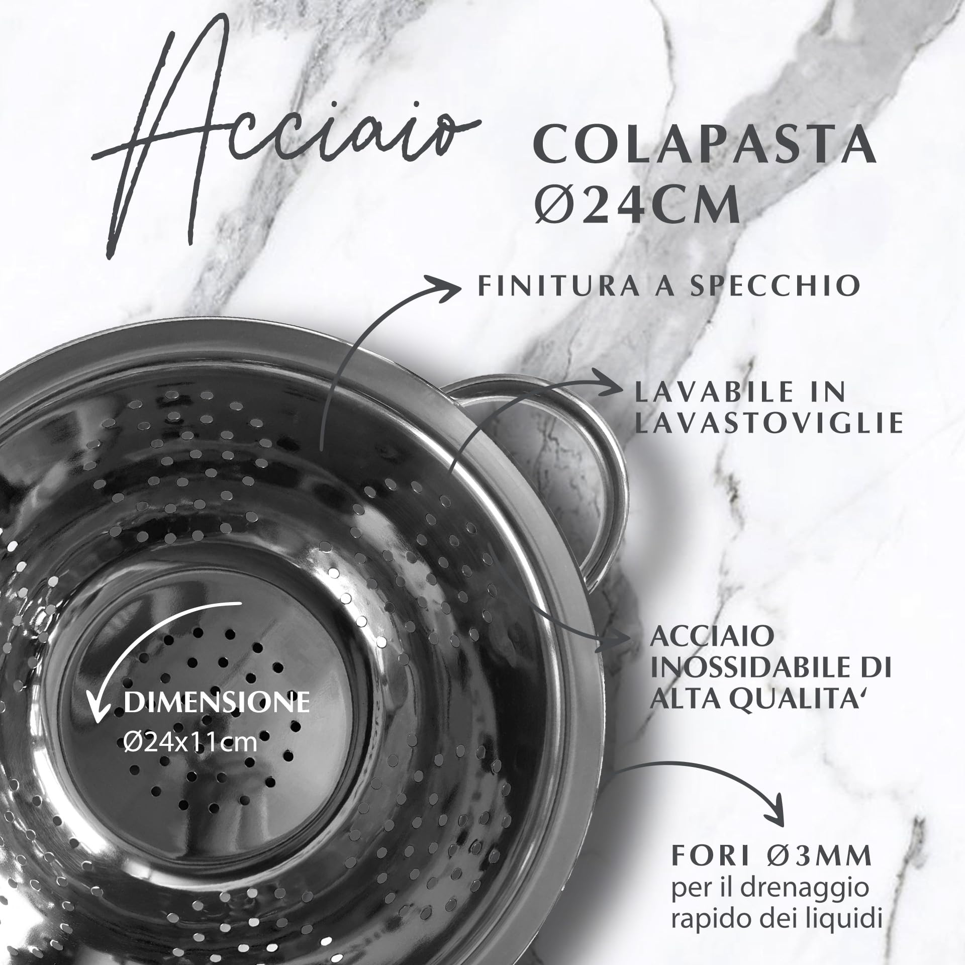 Fackelmann Colapasta Ø 24 cm, acciaio inossidabile, scolapasta per pasta riso verdure