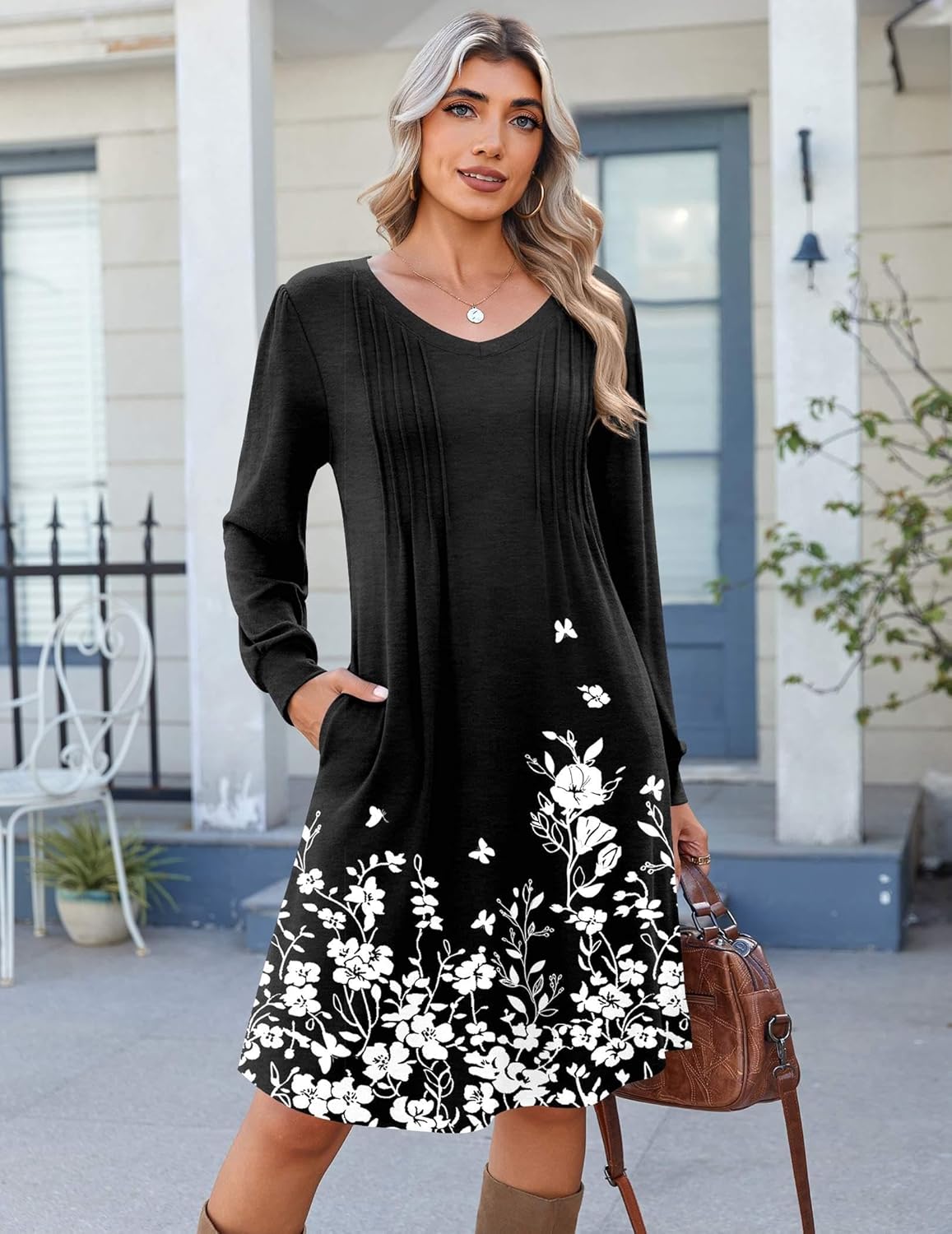 Zeagoo Fall Dresses for Women Long Sleeve Casual Pleated V Neck Dress 2025 A Line Tunic Dress - Image 3