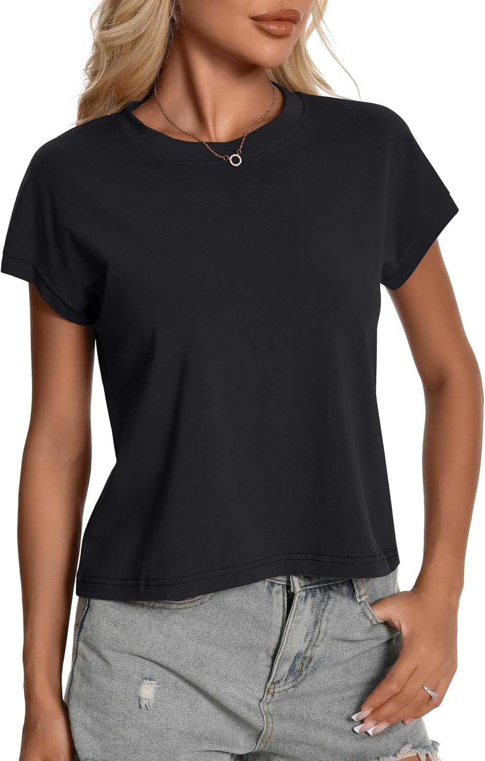 Womens Summer Tops, Cotton Crew Neck Cap Sleeve Loose Fit Shirts, Casual Trendy Lightweight Pullover Basic Tees