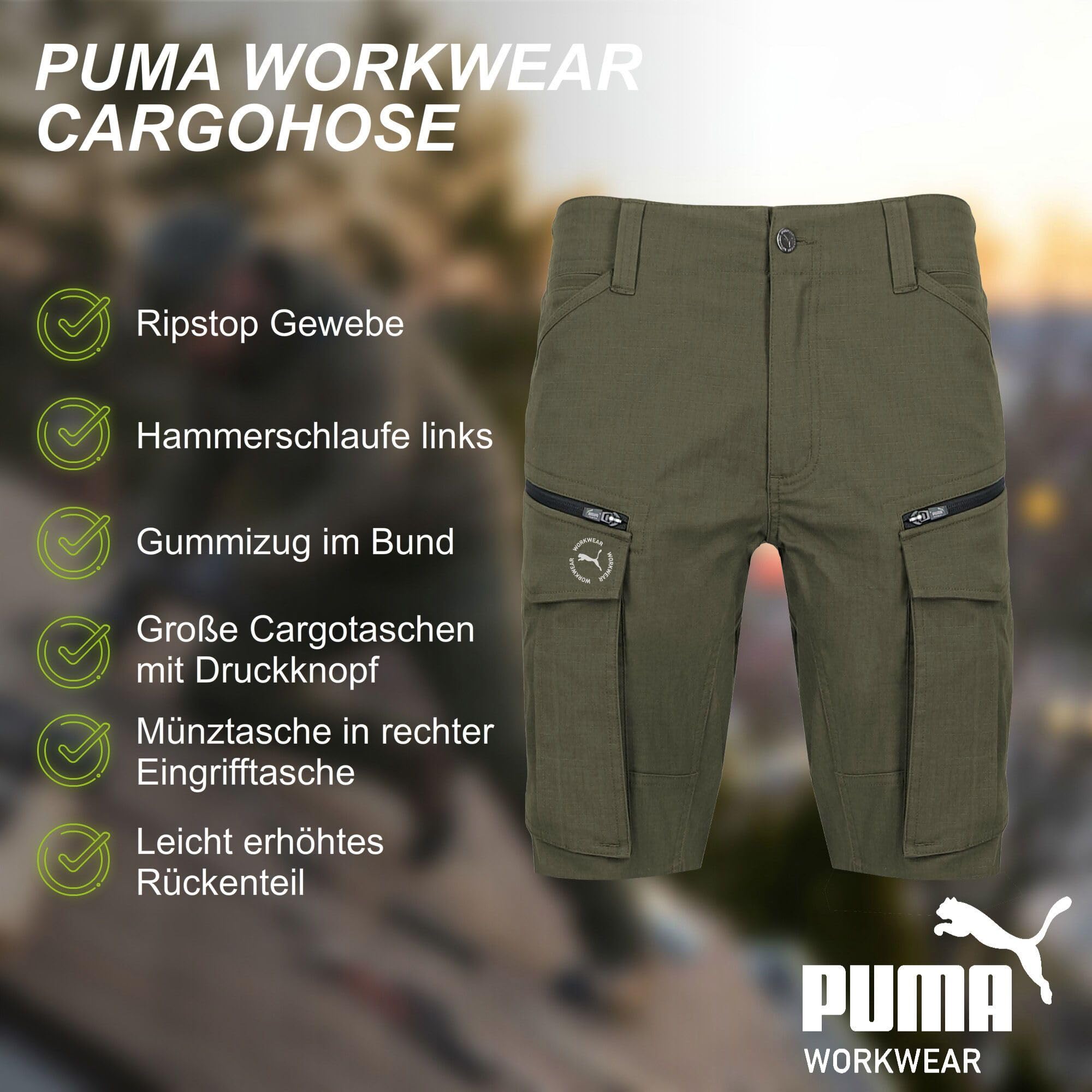 PUMA Workwear krótkie spodenki robocze męskie – wytrzymałe szorty ze stretchem i tkaniną Ripstop – gumka w pasie – podwyższona część tylna – szlufka na ramię – pokrowiec na telefon komórkowy