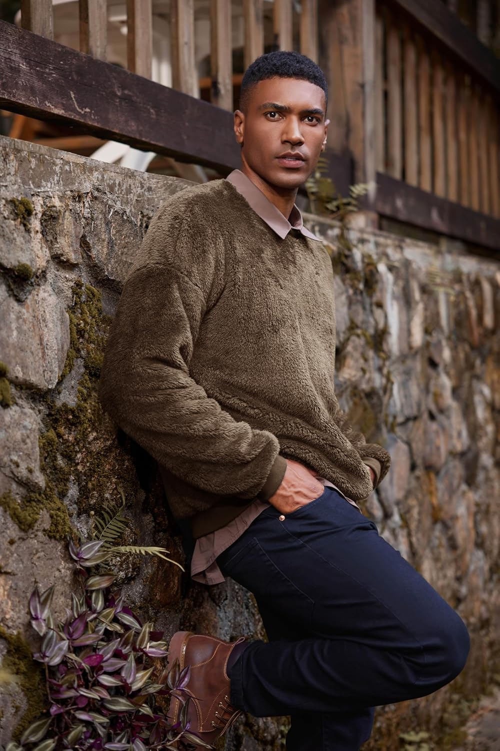 Pengfei Mens Fuzzy Sherpa Pullover Sweatshirts Long Sleeve Fleece Fluffy Crew Neck Fall Winter Warm Outwears Brown - Image 3