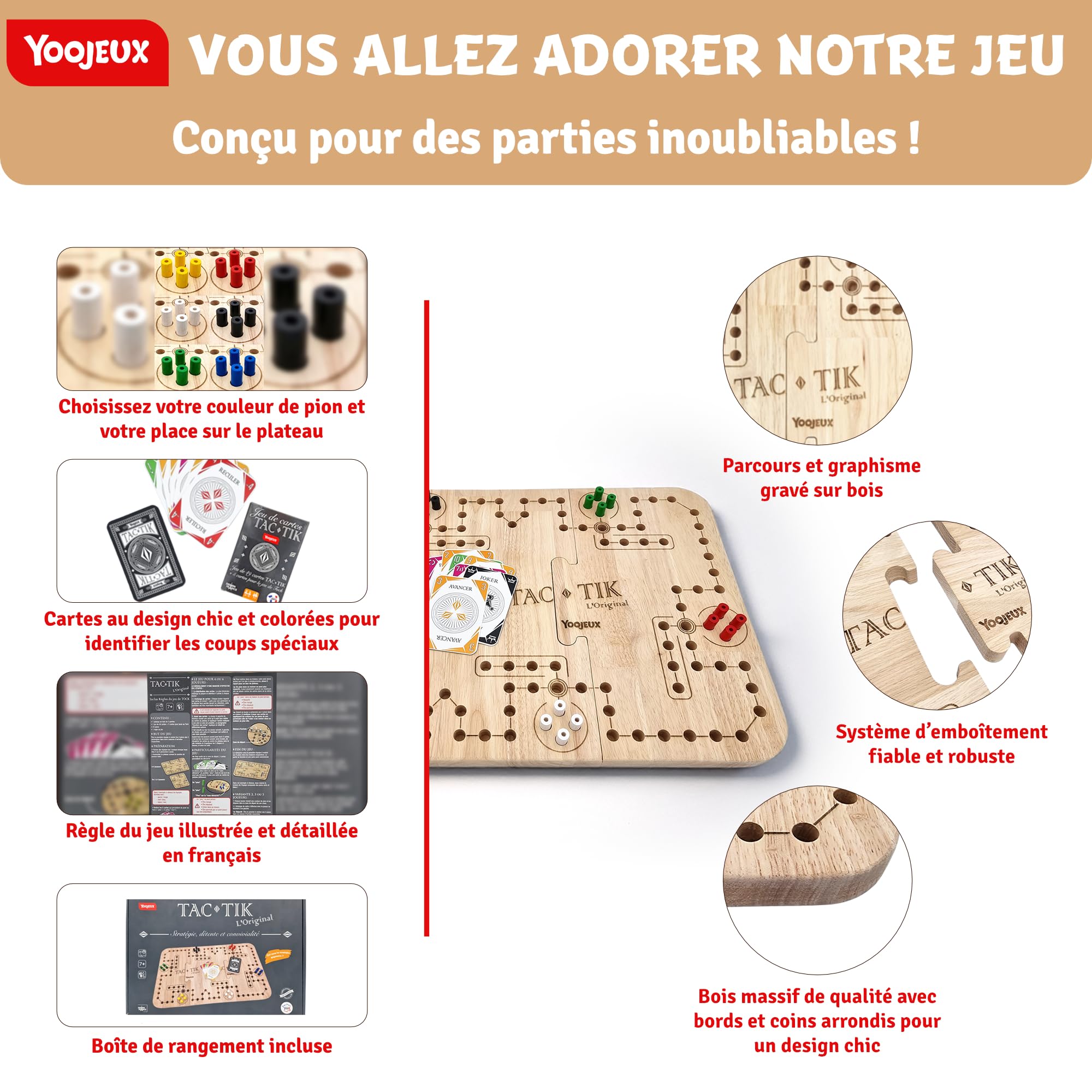 Tac-TIK L'Original Jeu du Tock en Bois pour 2 à 6 Joueurs dès 7 Ans | Jeu de société familial et stratégique, parcours gravé, 24 pions et 54 cartes pour jouer ensemble et varier les parties.