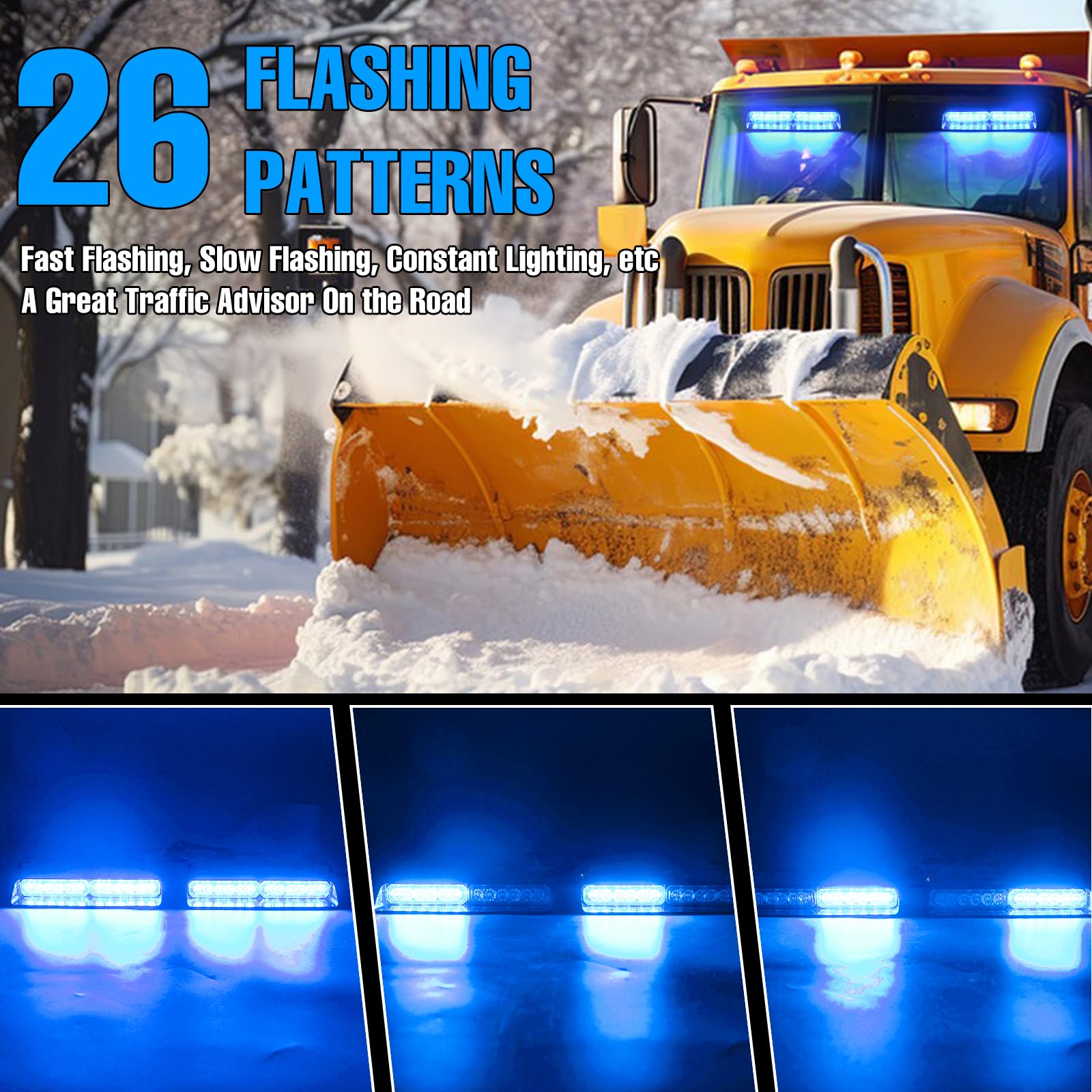 Luces estroboscópicas de advertencia LED azul 2 en 1, 26 modos, 12/24V, para emergencias, tráfico, 2 x 8.4 pulgadas, para tablero/parabrisas delantero/trasero de camiones, vehículos