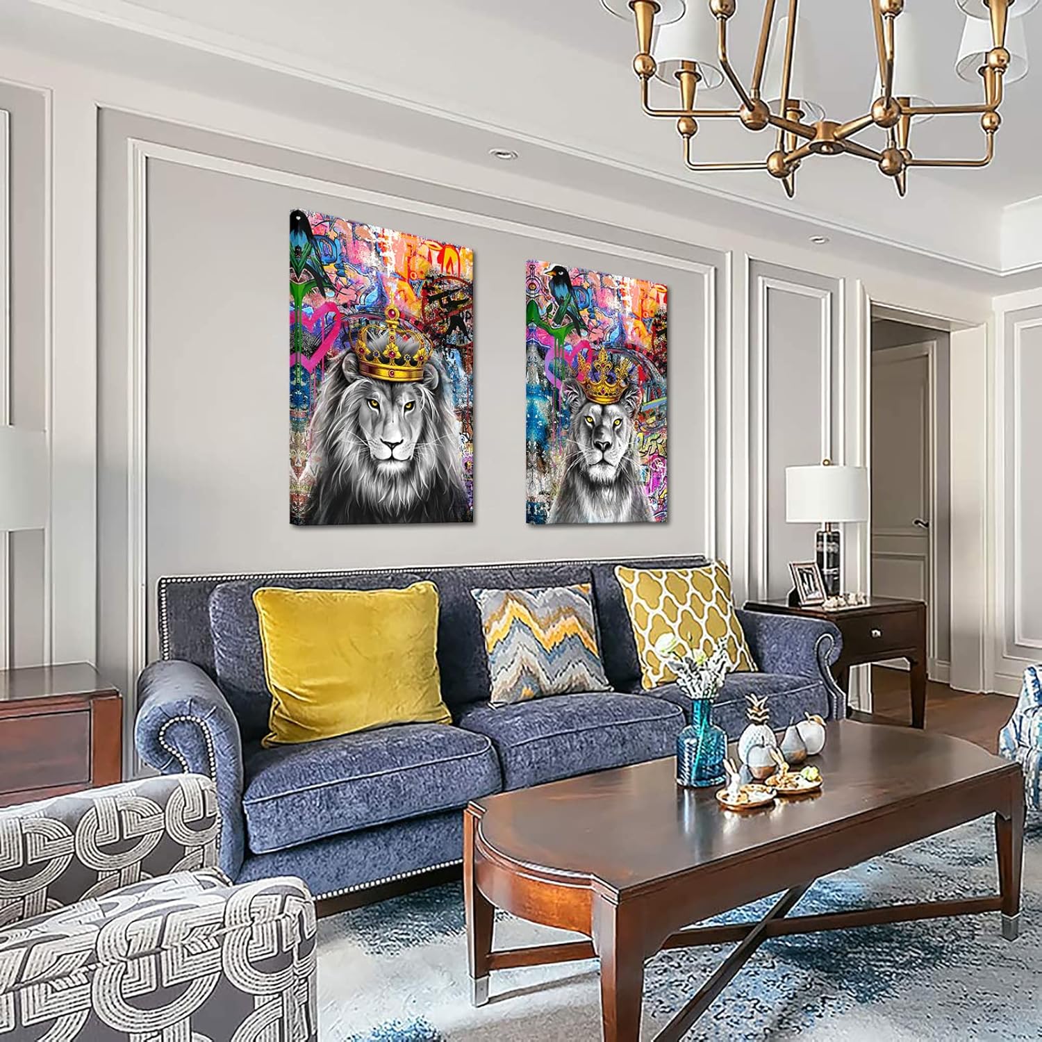 Saypeacher 2 Pieces 24"x36" Large Size Lion King and Queen with Crown Framed Canvas Wall Art Colorful Animals Pictures of Couple Artwork for Bedroom Office Home Decor Ready to Hang