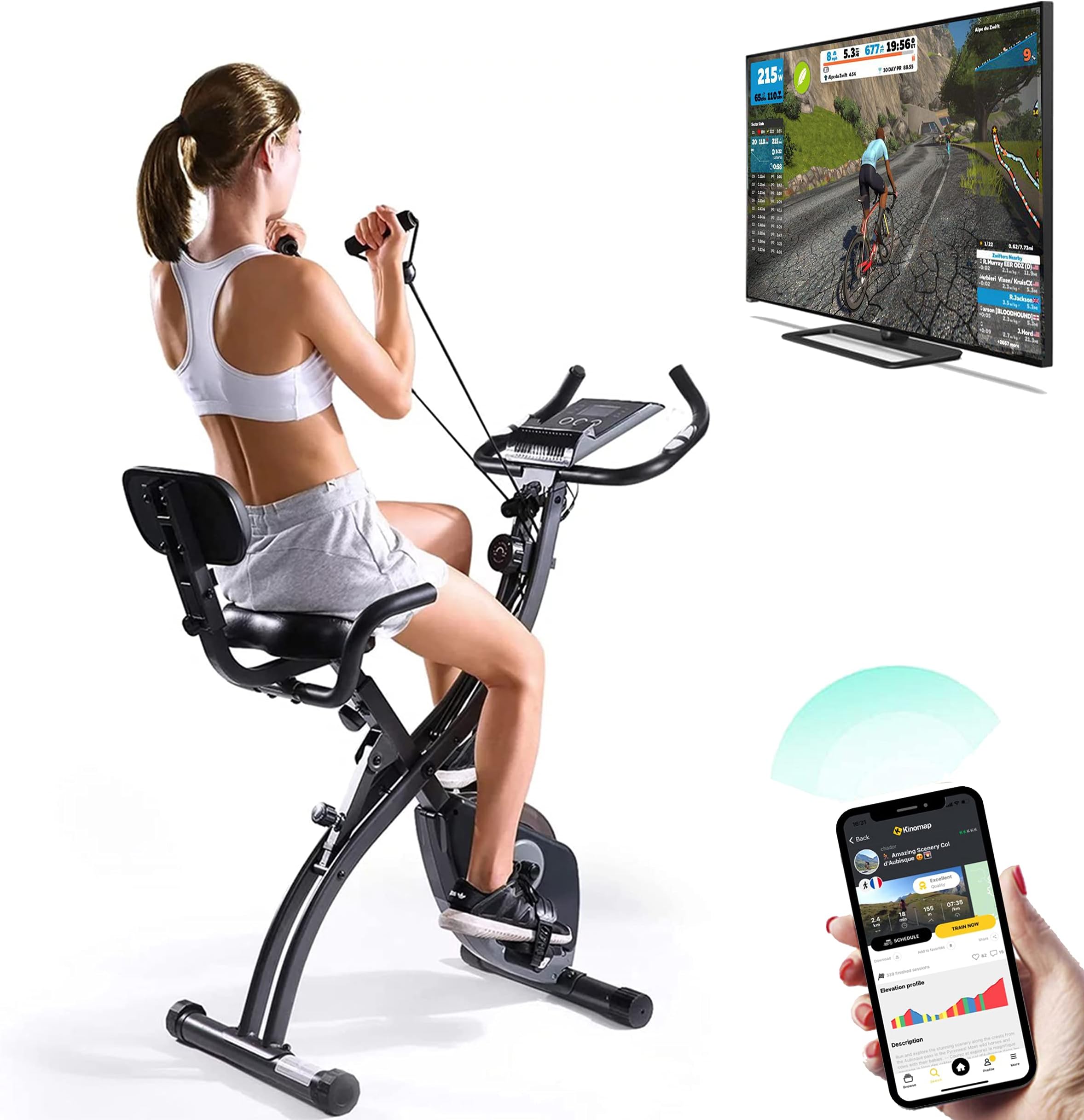 SXB-350 Bluetooth Smart Folding Exercise Bike-Kinomap Smartphone App Compatible and Live Video Streaming Classes-Our Magnetic Resistance Folding Bike is Best Exercise Bikes for Home Use